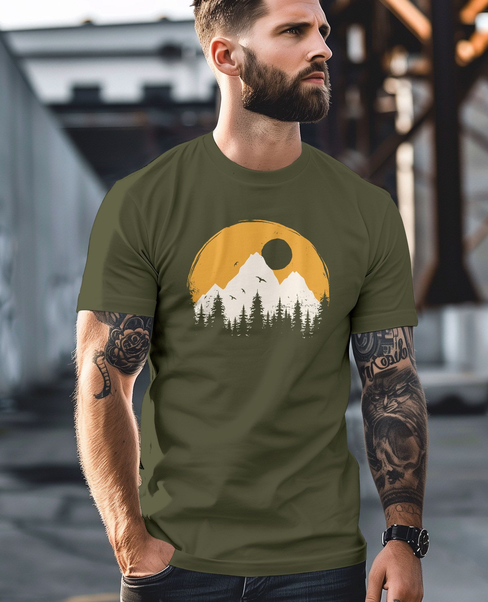 Neverless Print-Shirt Herren T-Shirt Outdoor Print Natural Badge Logo Wandern Fashion mit Print