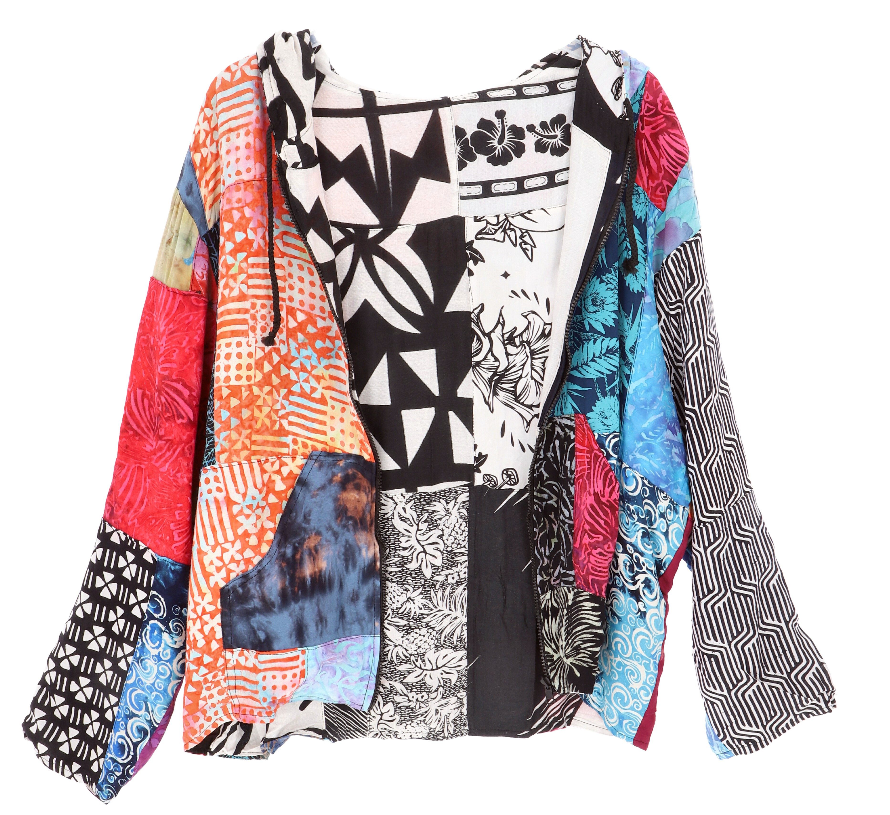 Guru-Shop Langjacke Boho Upcyeling Unisex Patchwork Kapuzenjacke,.. alternative Bekleidung