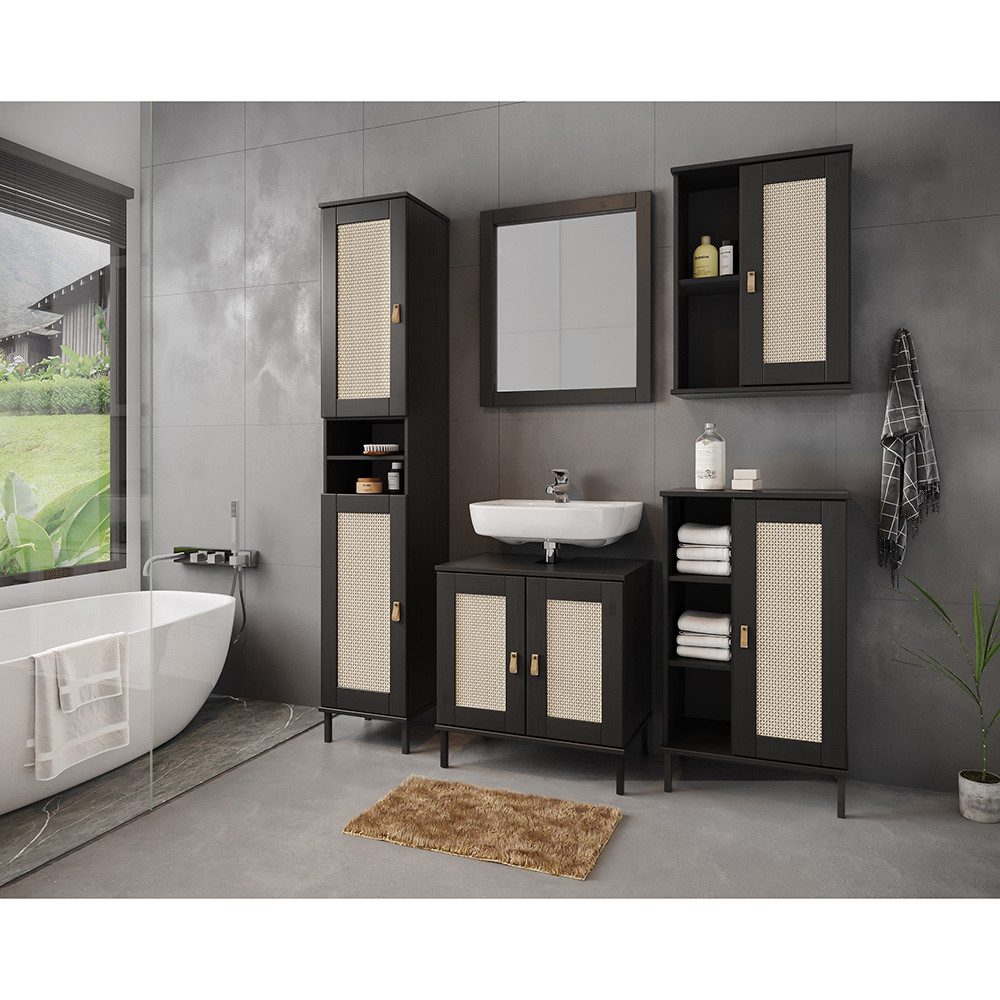 Lomadox Badmöbel-Set WATFORD-69, (Spar-Set, 5-St., Waschbeckenunterschrank Spiegel Regal Hängeschrank), Kiefer massiv schwarz, Rattaneinsatz, Boho-Chic, Badezimmer