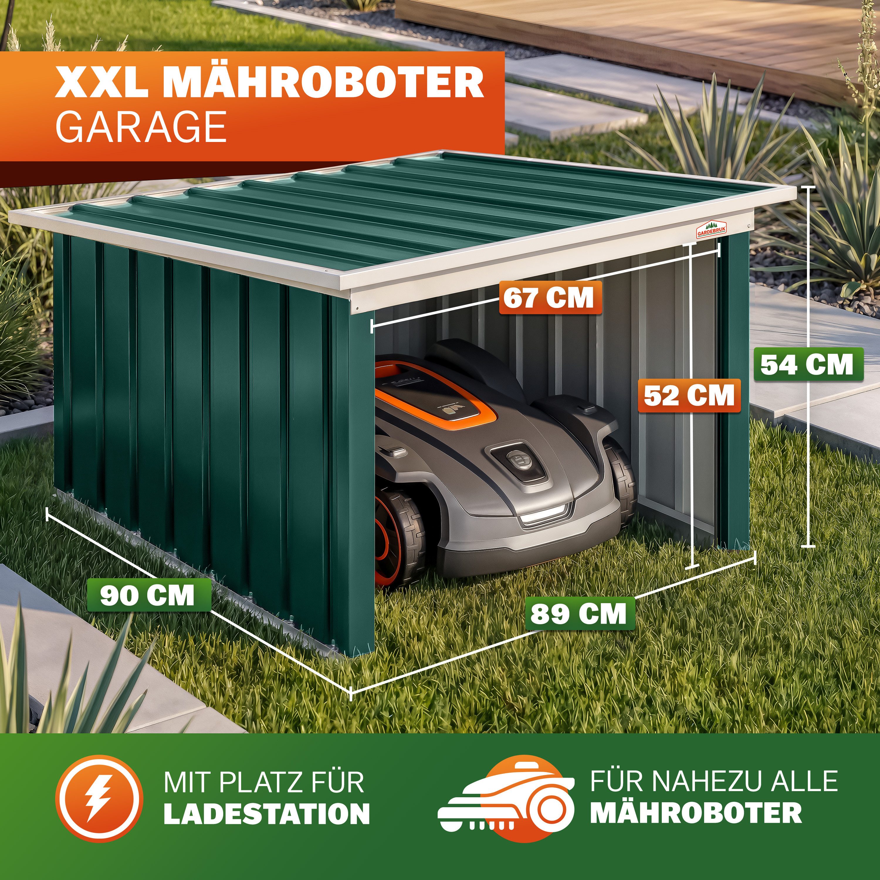 Gardebruk Mähroboter-Garage, Pultdach Metall 89x90x54cm Wetterbeständig Dach klappbar 4x Erdanker