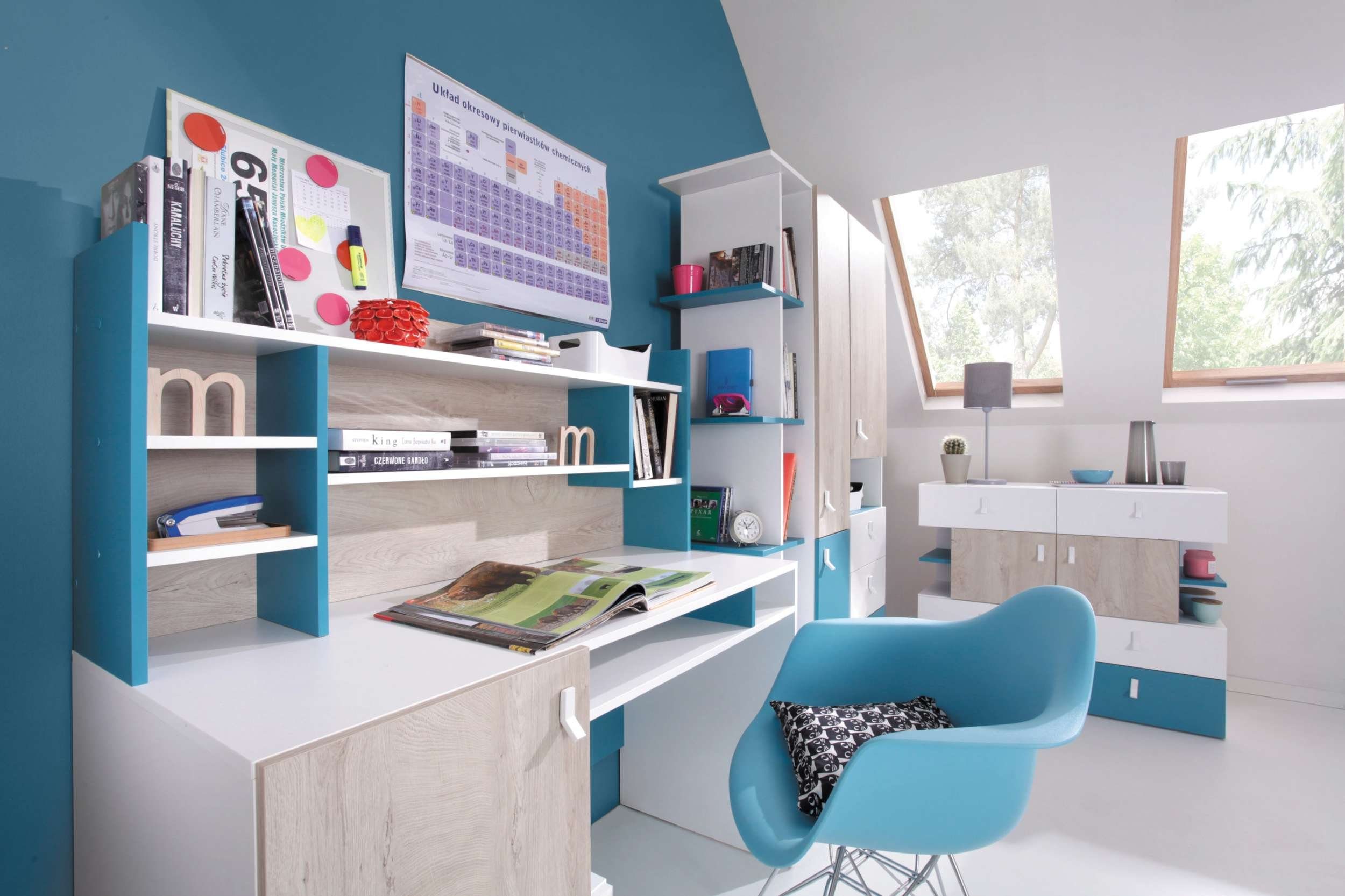 Modern Hochglanz Design viel mit Stauraum, Kinderschrank) Schubladen, Stylefy Eiche Weiß (Sideboard, - Sirius Meerblau 2-türig, Kinderkleiderschrank FSC-Zertifizierung, -