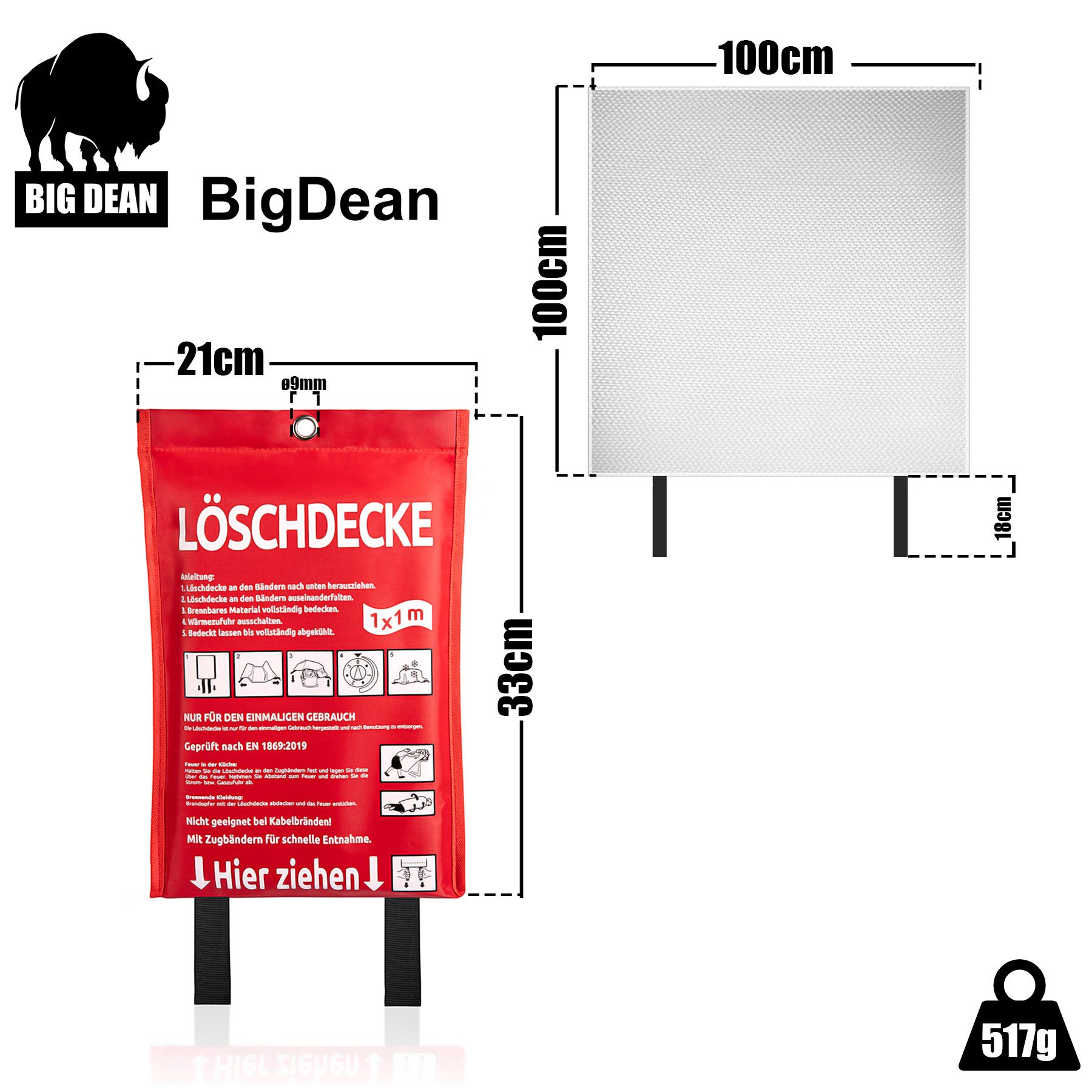 BigDean Löschdecke Fettbrand-Schutz aus Fiberglas – Geprüft nach DIN EN 1869:2001, 100x100 cm, (Packung, 1-St., Löschdecke), Feuer-Löschdecke mit Griffen