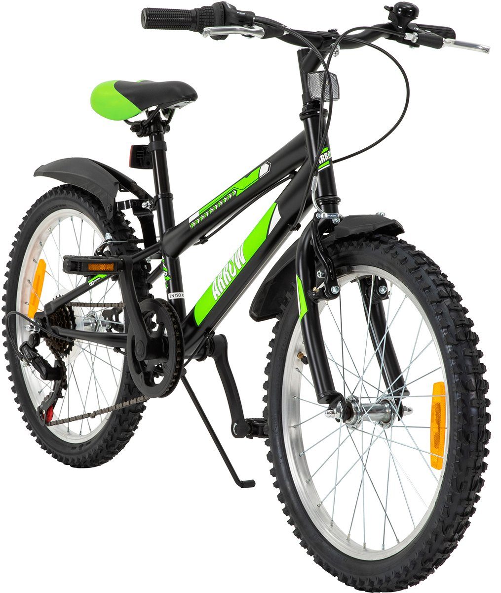 Actionbikes Motors Kinderfahrrad Kinder Fahrrad Dirt Bike Велосипеди BMX Arrow, 6 Gang, Kettenschaltung, (20 Zoll, ab 115 cm Körpergröße, 6 Gänge, Schutzblech, Reflektoren, Katzenaugen, Klingel, Seitenständer, Luftreifen, 1-tlg., V-Brake-Bremsen, Diamantrahmen, 40 kg Traglast, schwarz / grün), höhenverstellbares Bike Jungen Mädchen Kinderrad ab 6 Jahre