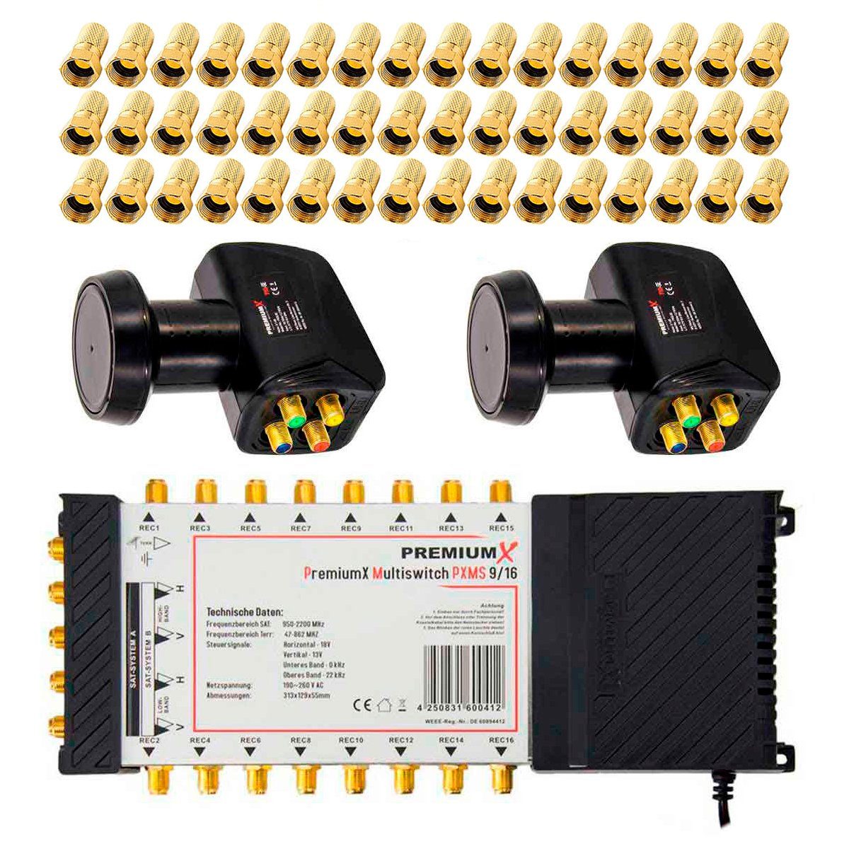 SAT-Multischalter Multischalter Set 9/16 Multiswitch SAT 2x Quattro LNB 48x F-Stecker