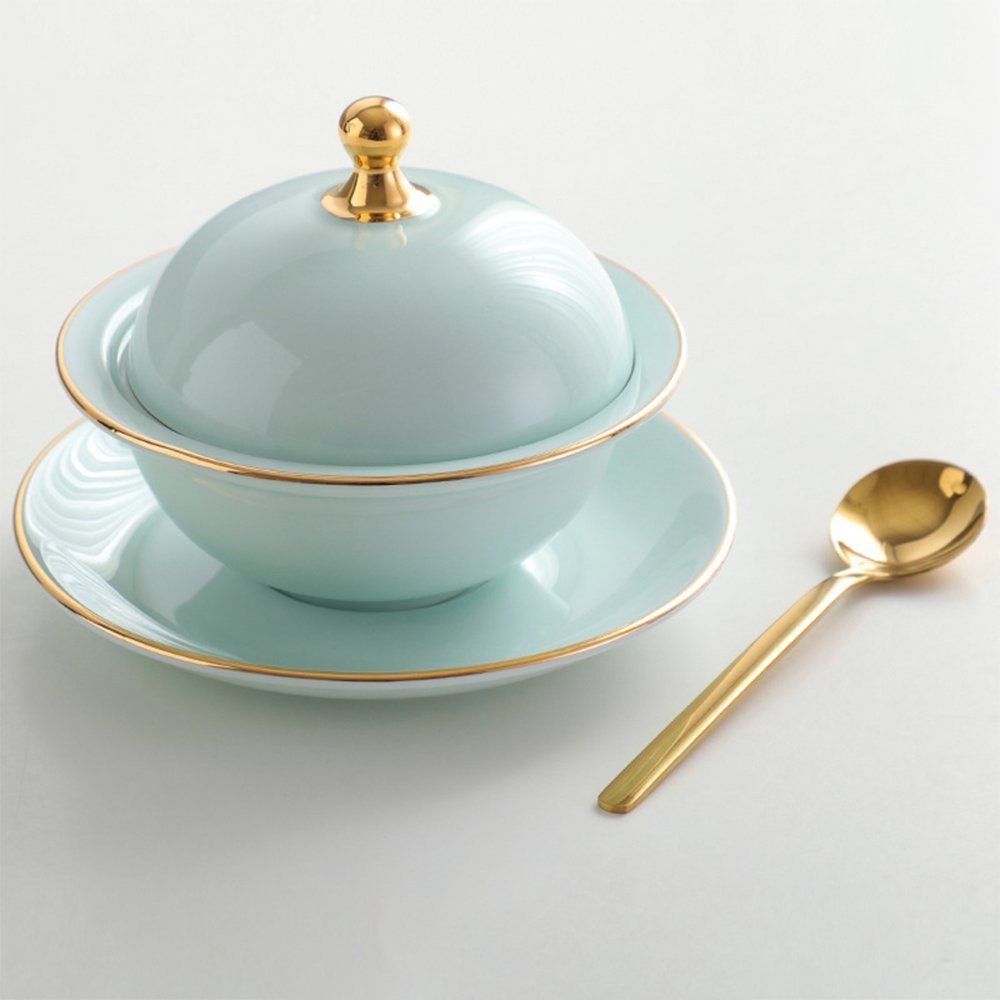 Zimtky Schüssel Exquisiter Dessertbecher aus Keramik mit Goldrand, blau/grau/weiß | Schüsseln