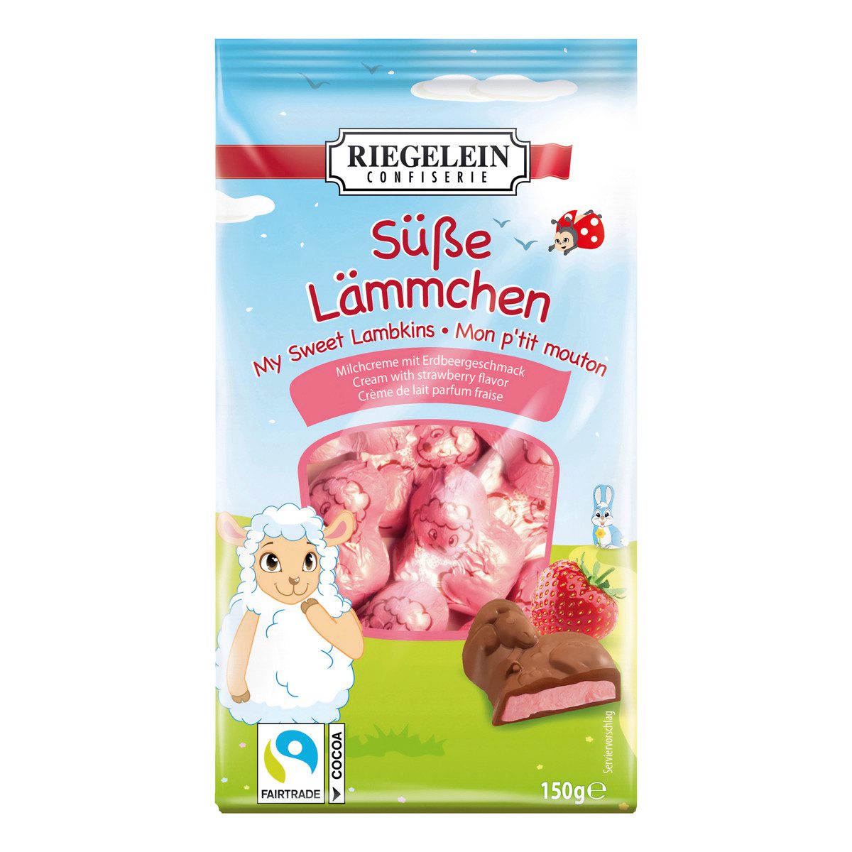 Riegelein Confiserie Schokolade, Riegelein Süße Lämmchen mit Milchcreme Erdbeergeschmack 150g