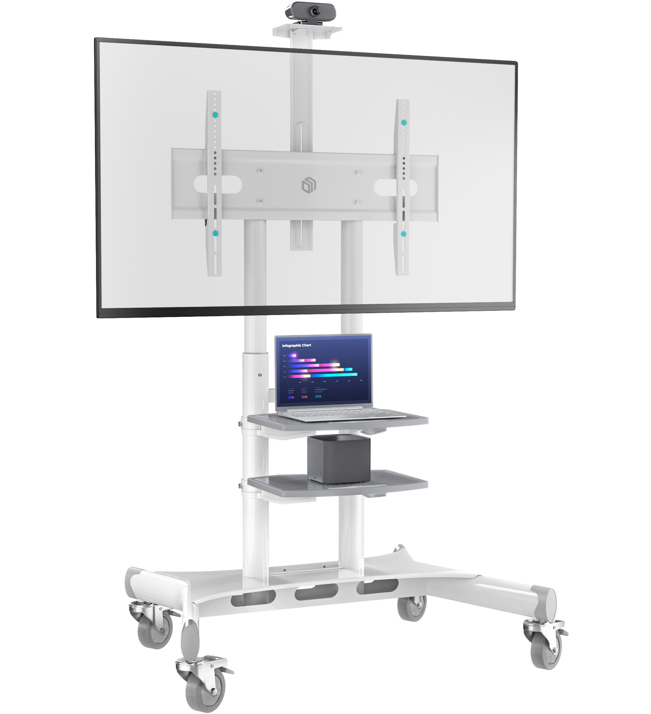 ONKRON TV-Ständer 50-86 Zoll, bis 105.9 kg, VESA 200x200-800x500, TS1881-W, (bis 86 Zoll, 1-tlg., rollbar, höhenverstellbar, mit 2 Ablagen, Kabelmanagement)