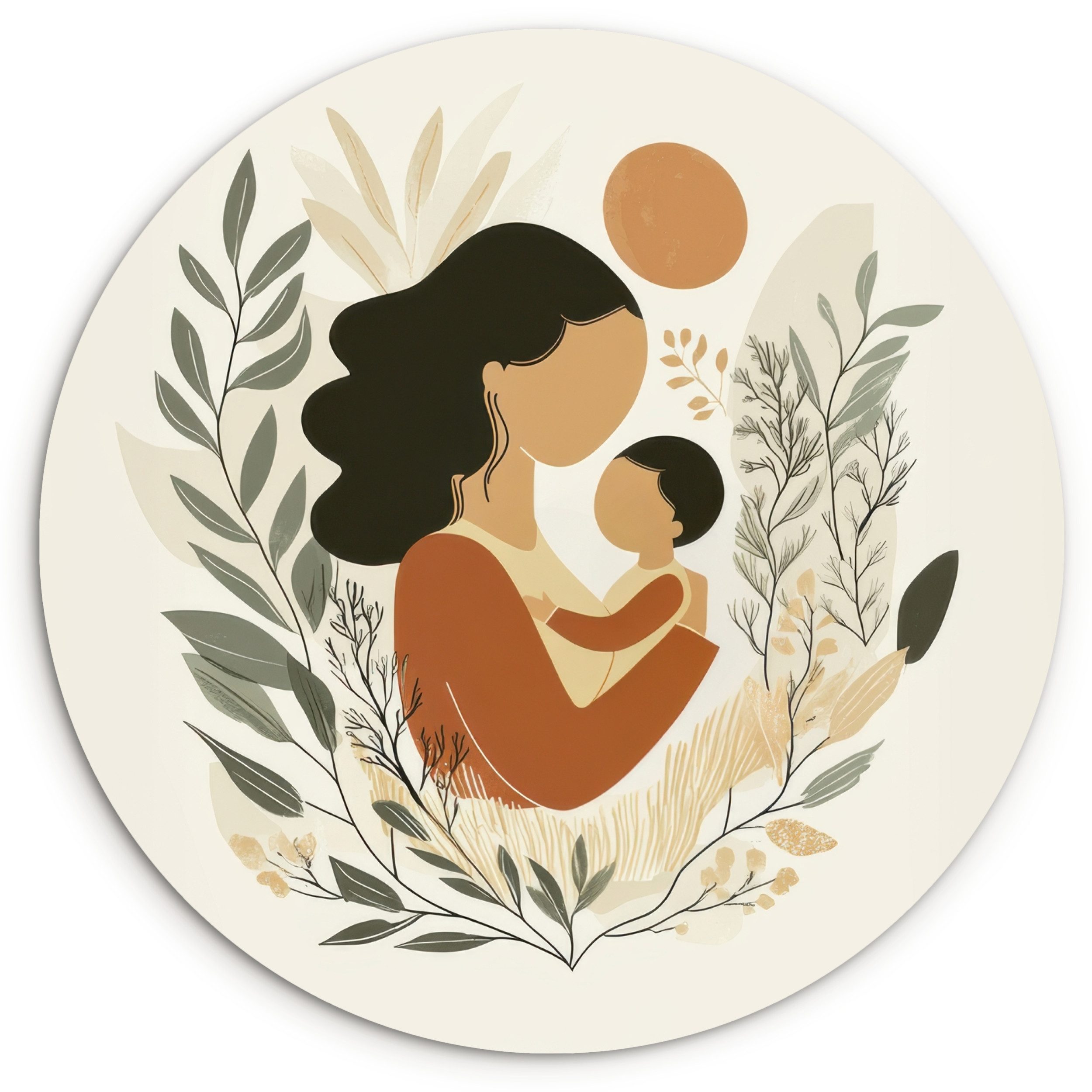 MuchoWow Gemälde Illustration - Mutter - Kind - Liebevoll, Fotodruck (1 St), Kreis Wanddekoration, Rundes Wandbild, 30x30 cm