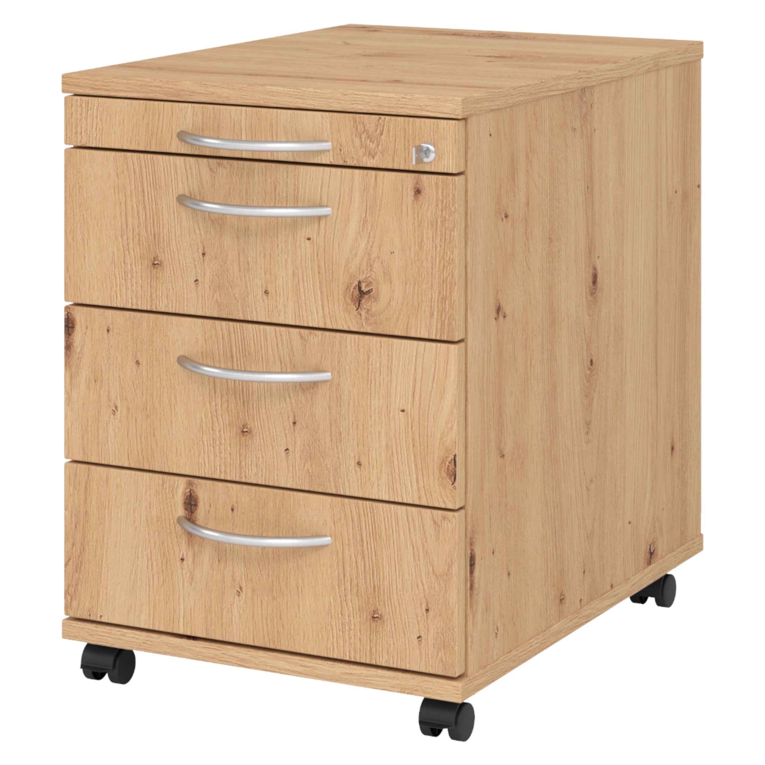 bümö Rollcontainer office Bürocontainer - 3 Materialschubladen, Dekor: Asteiche mit Bogengriff (Metall)