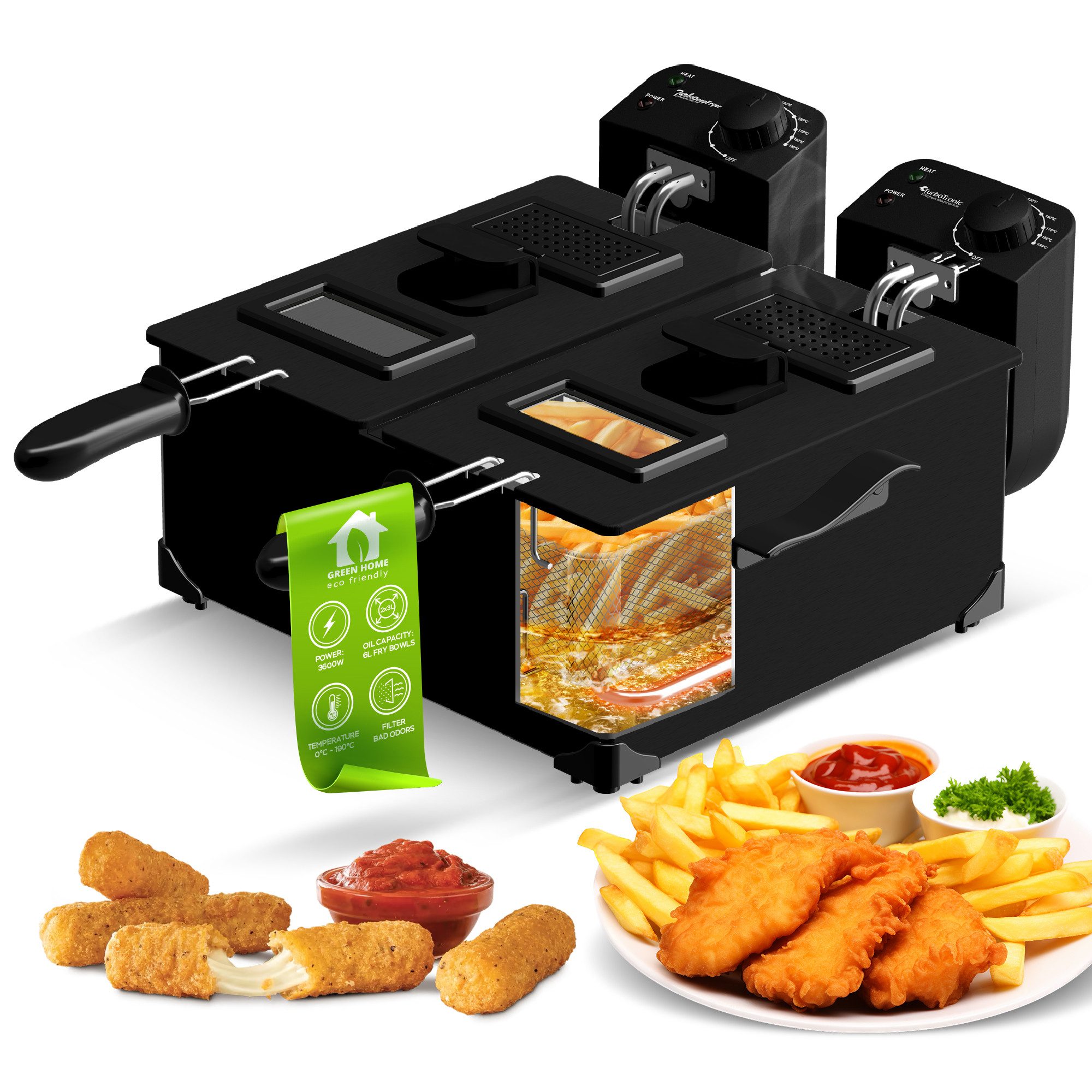 TurboTronic by Z-Line Kaltzonenfritteuse Doppel-Fritteuse 3600W, Kaltzone, 2x3L, Sichtfenster, 0-190°C, Schwarz, 3600 W, Pommes & Snacks Friteuse/Fritöse Edelstahl DualZone