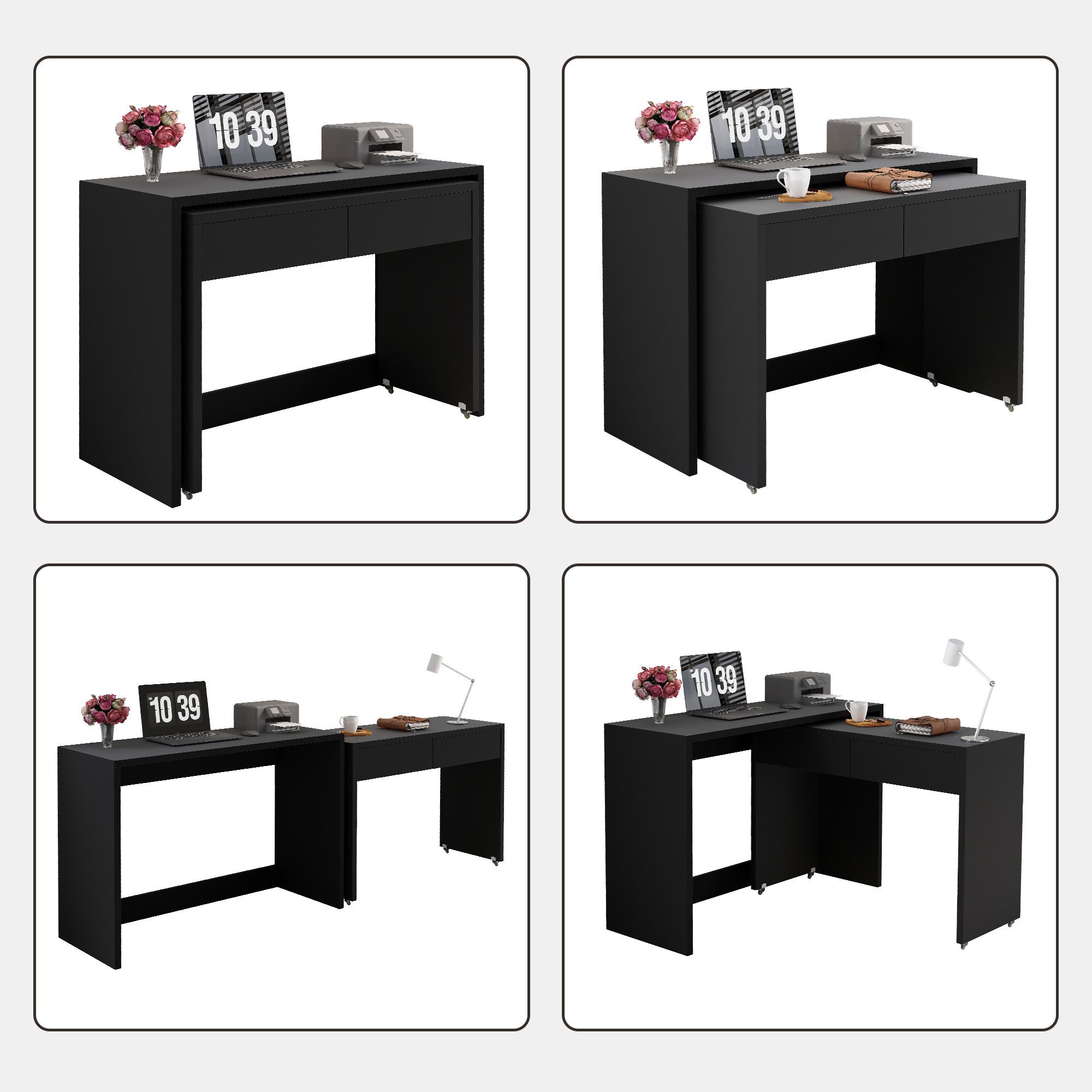 Flieks Schreibtisch Regalschreibtisch & ausziehbare Kommode 2-in-1 Kompaktschreibtisch (flexibel kombinierbar Tisch, 2-St., 2er Set), Arbeitstisch Bürotisch Computertisch mit Schubladen und Rollen Schwarz