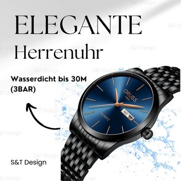 S&T Design Quarzuhr Herren Uhr Edelstahl Armbanduhr Herrenuhr, (Geschenkebox (Etui), inkl. Armbandkürzer & Etui), Männer Uhr 3Bar Wasserdicht Datum Analog