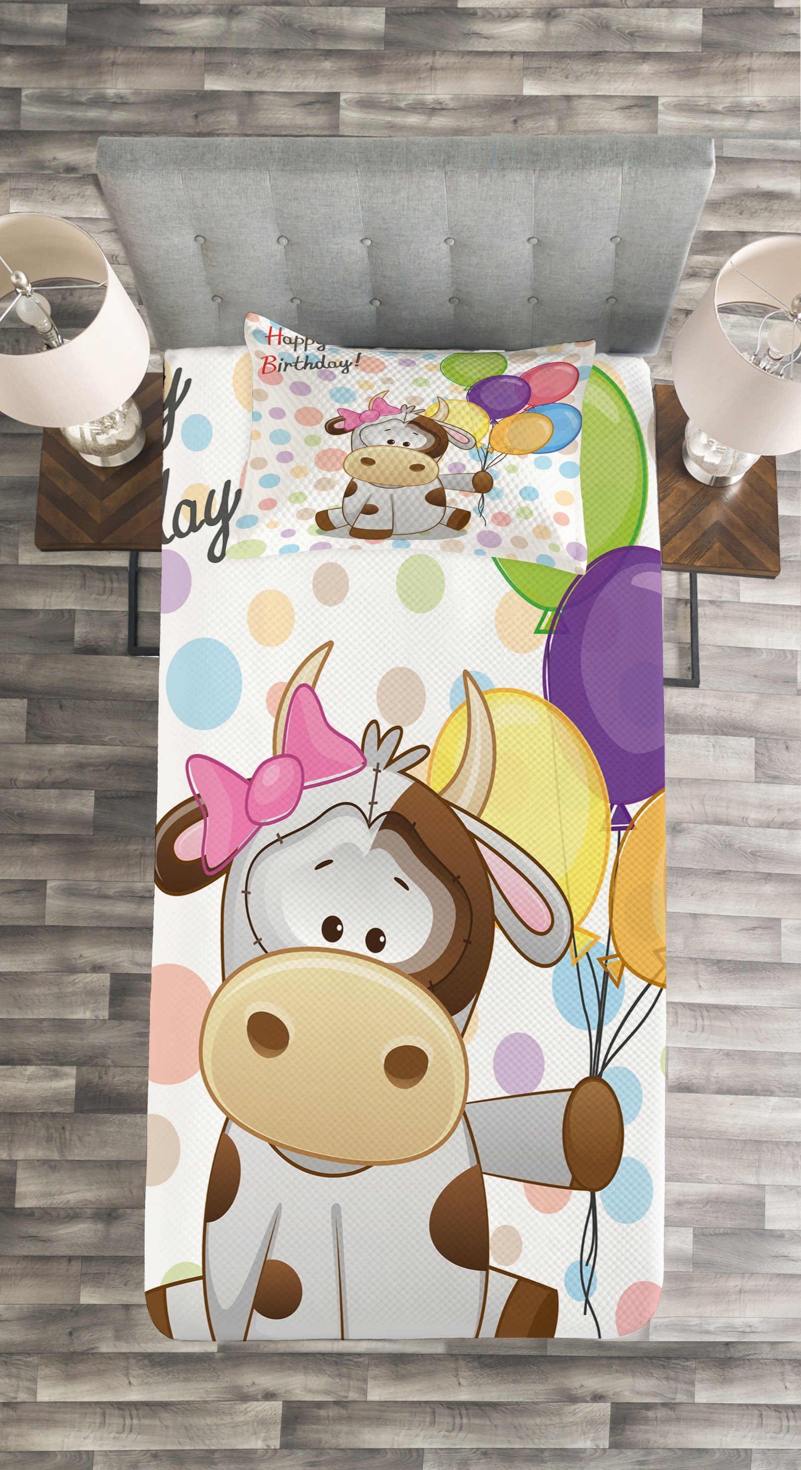 Waschbar, Tagesdecke Geburtstag Abakuhaus, Baby-Kuh Ballone mit und Set Kissenbezügen