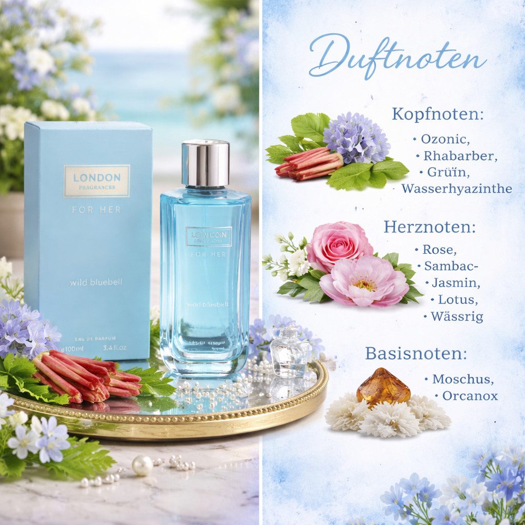 LONDON FRAGRANCES Eau de Parfum London Fragrances For Her Damenduft Wilde Bluebell Made 100 ml, 1-tlg., Hergestellt in UK, Luxuriöser Damenduft, Langanhaltend