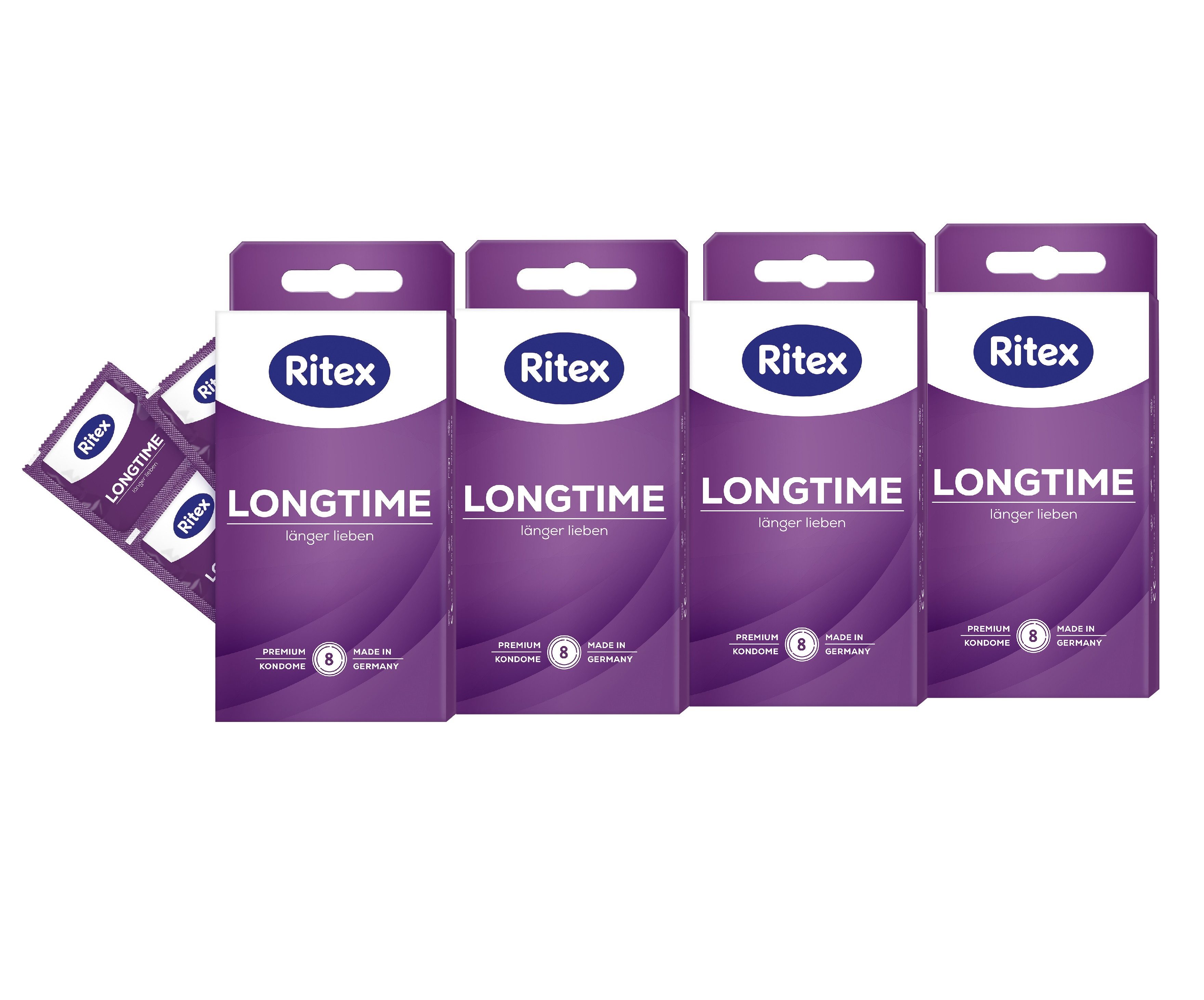 Ritex Kondome Longtime 4er Set - je 8 Stück - mit Doppel-Ring - extra starke Wände, Vegan - aus Naturkautschuklatex - Dimeticon-Gleitgel - Made in Germany