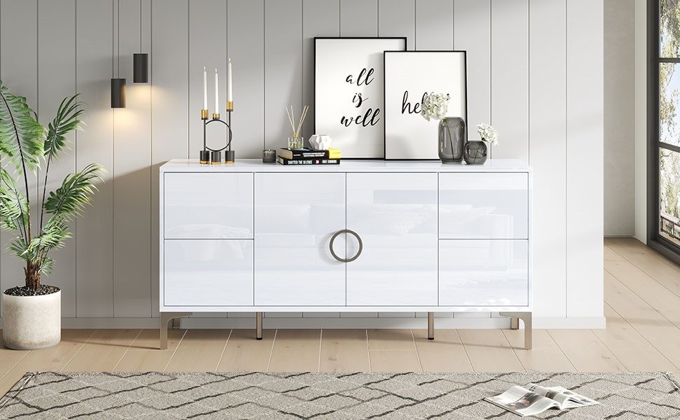 Sideboard Weiß 150 cm, 4 Schubladen und Türen, Anrichte mit Stauraum