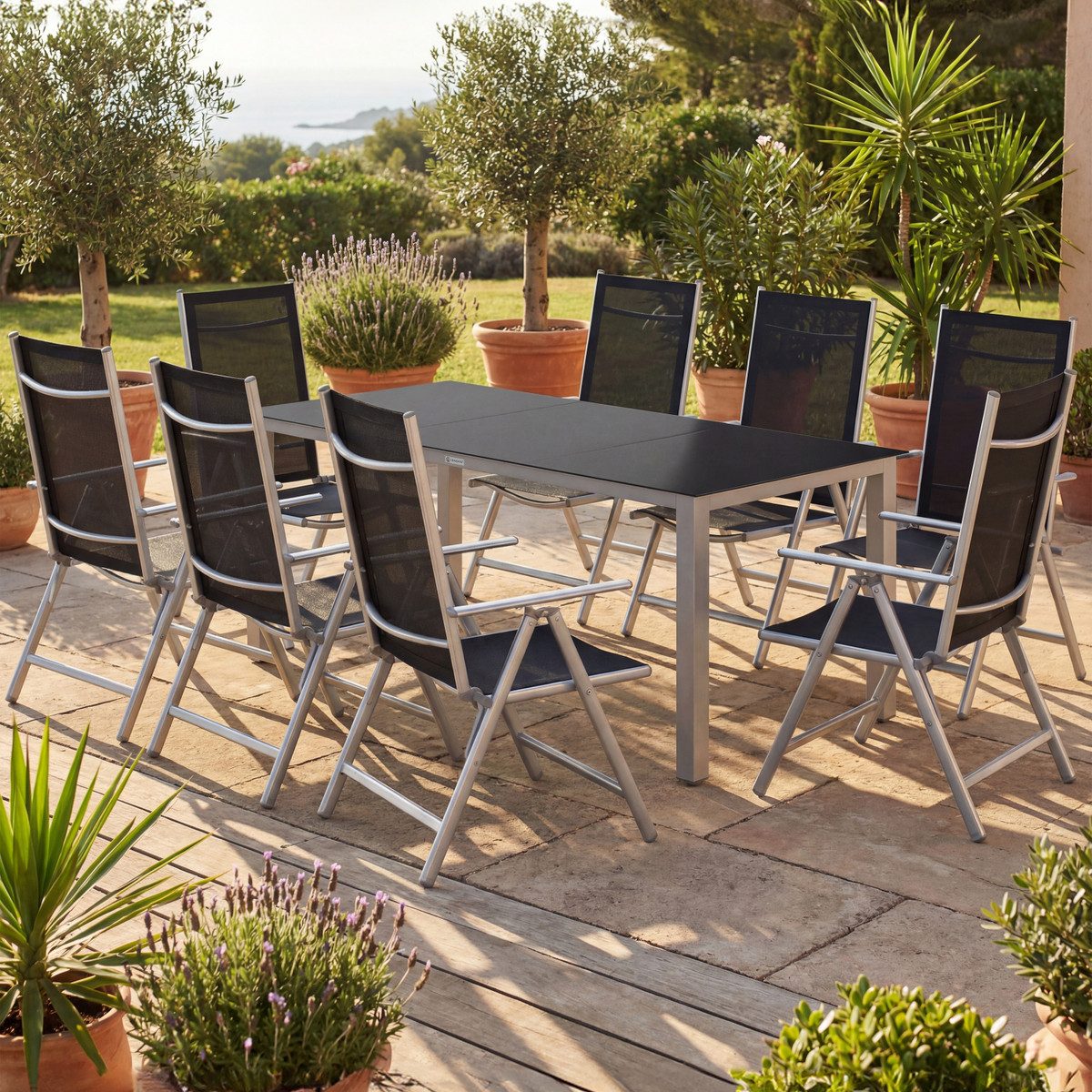 Casaria Garten-Essgruppe Bern, (9-tlg), Aluminium 5mm Sicherheitsglas Stühle Klappbar Verstellbar Wetterfest