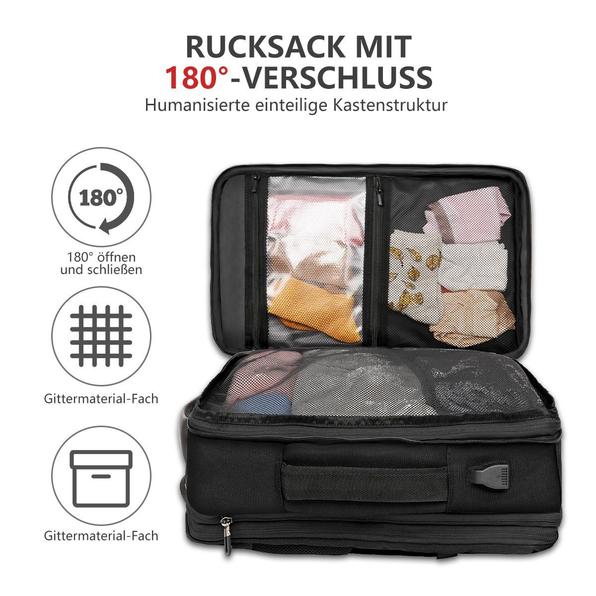 MULISOFT Freizeitrucksack Laptop,Schwarz, Reiserucksack zoll und mit Erweiterbarer USB-Ladeanschluss Laptoprucksack 46x32x28cm für Laptopfach 17