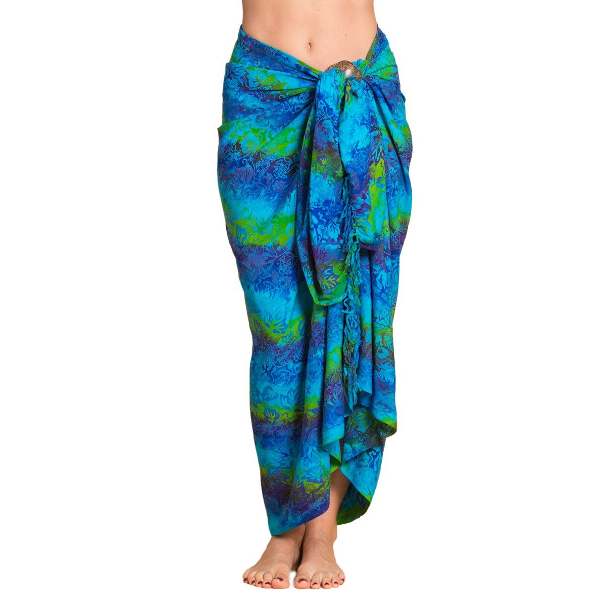 ob B012 Schultertuch, Wickelkleid Sarong aus für egal oder jede Halstuch BlauGruen Wachsbatik weicher als Schal PANASIAM Viskose wunderbar Jahreszeit Strandtuch