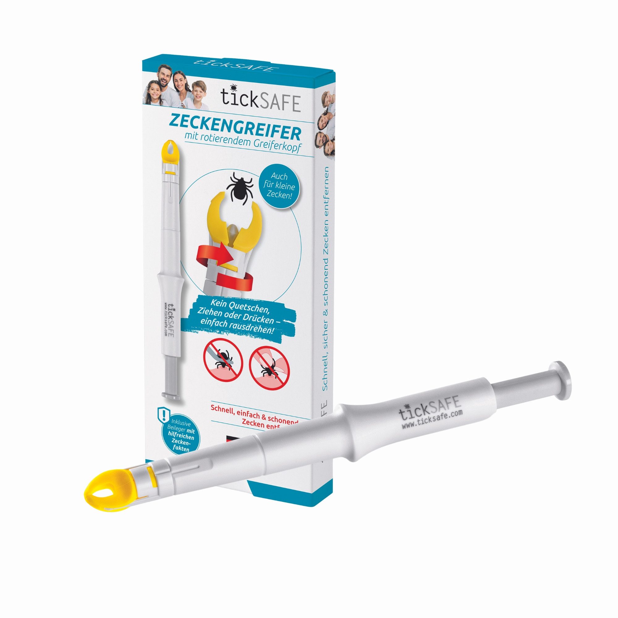 tickSAFE Zeckenpinzette Zeckengreifer, rotierender Greiferkopf, die bessere Zeckenzange, Kein Quetschen, Ziehen oder Drücken - einfach schonend rausdrehen