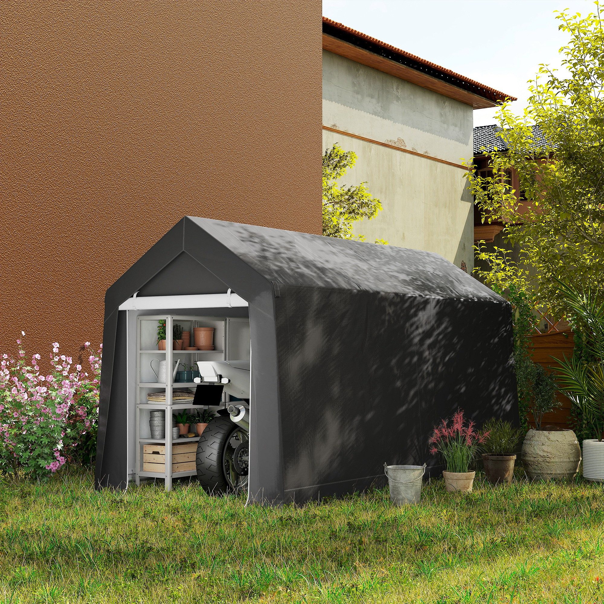 Outsunny Gerätezelt Garagenzelt Wasserdicht mit Rolltür Lagerzelt, Personen: 1 (Lagerzelt, 1 tlg., Foliengarage), für Motorrad, Gartengeräte, Dunkelgrau