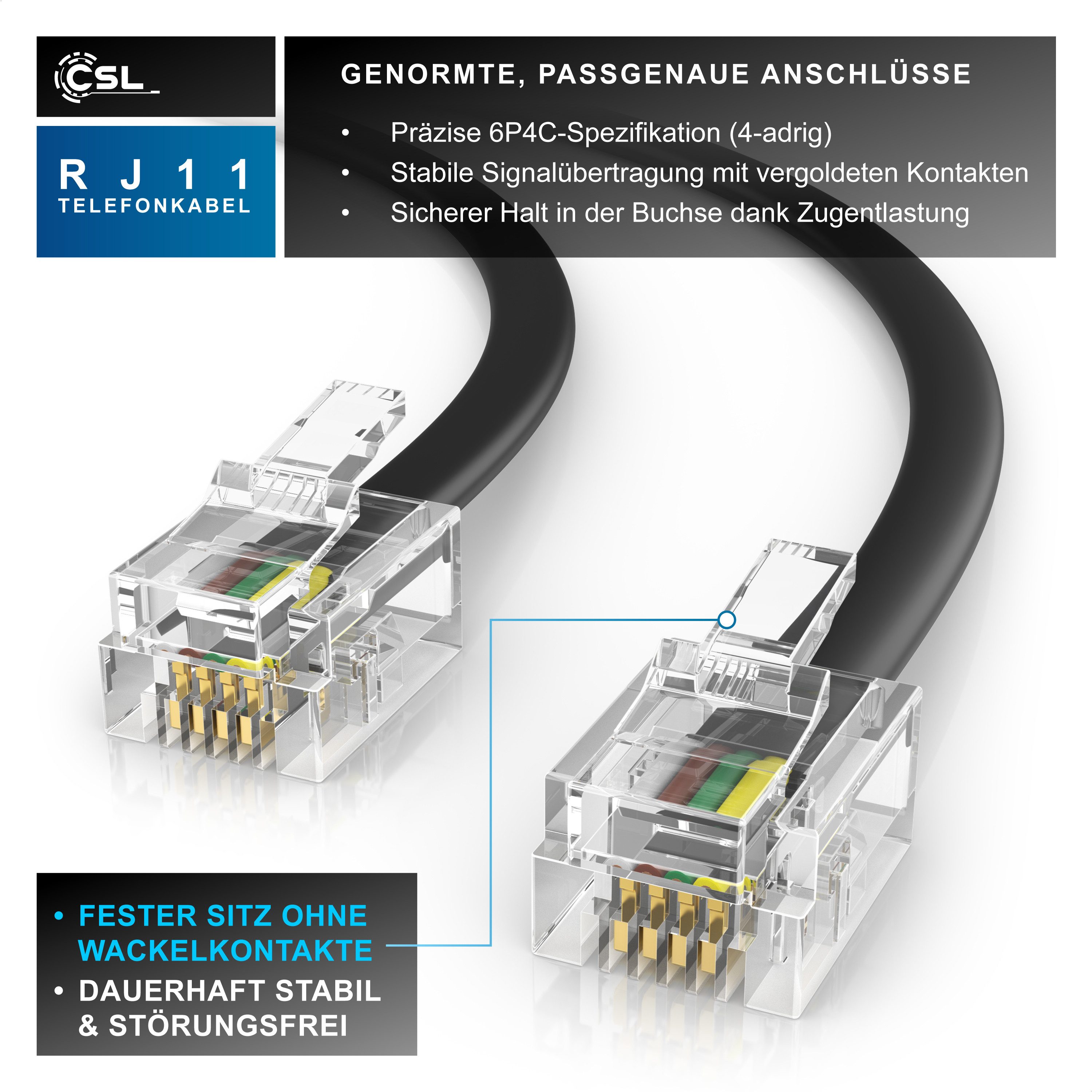 CSL Flachkabel RJ11 zu RJ 11, Router zu Telefon Fax Anrufbeantworter 7,5 m Telefonkabel, RJ-11, RJ-11 (750 cm), Modularkabel, Telefonanschlusskabel, Modem, DSL, VDSL, ISDN, flach