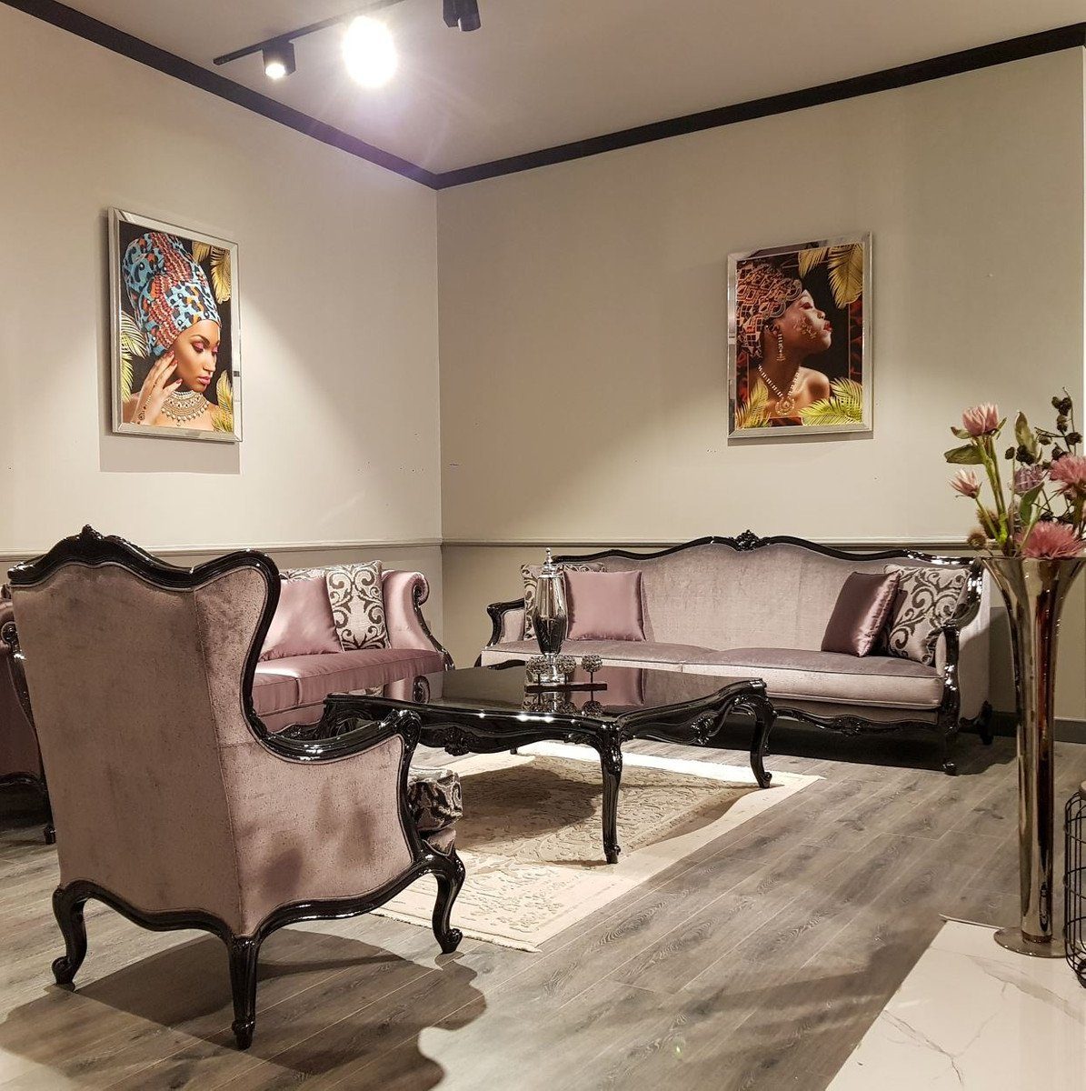 Padrino Sofa - Sofa Schwarz Luxus Möbel / Prunkvolles Qualität - Sofa Rosa Barock Wohnzimmer Barock Wohnzimmer - Luxus Casa