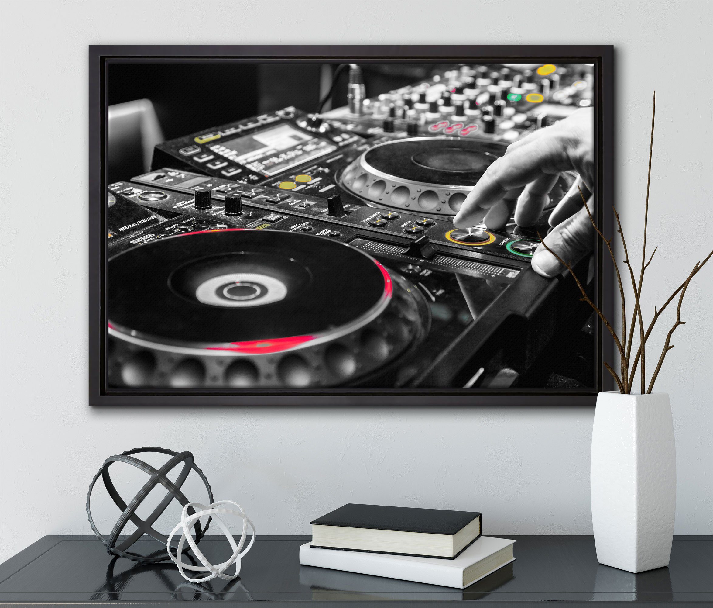 Pixxprint Leinwandbild Modern beleuchteter DJ Schattenfugen-Bilderrahmen Leinwandbild einem bespannt, Zackenaufhänger Wanddekoration gefasst, fertig in (1 Pult, St), inkl