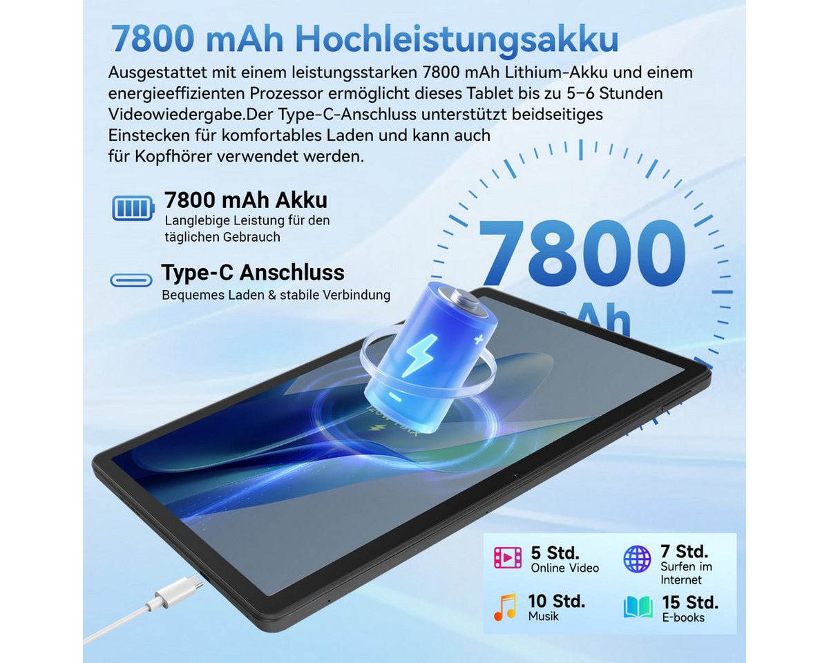 Happybe 11 Zoll Android 16, HD 1280x800, 7800mAh, Wifi 6, 128 GB/256GB Tablet (11", 256 GB, Android, 5 Kerne) schwarz