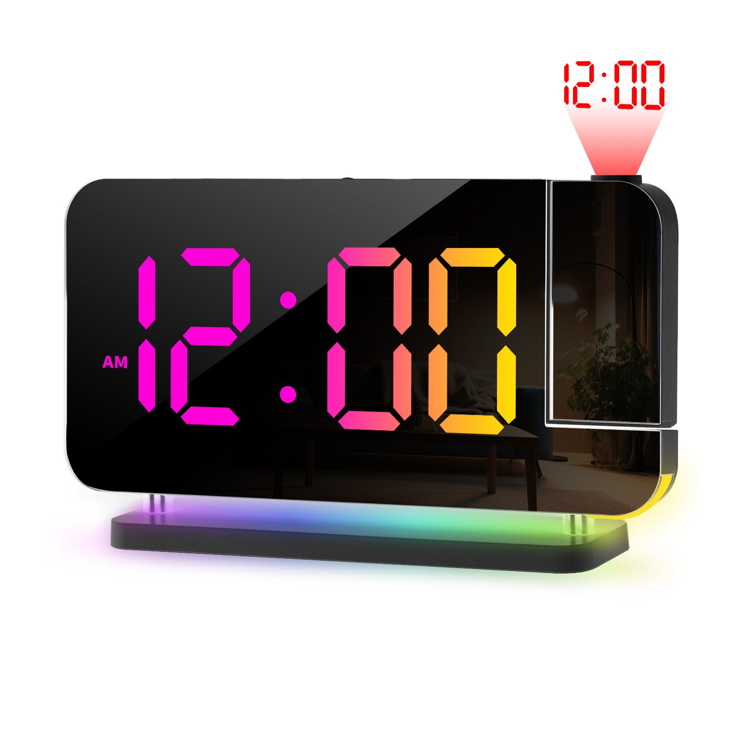 Tekoo Radiowecker LED Projektionswecker mit RGB-Spiegel & Dual-USB Automatische Helligkeitsanpassung, Speicherfunktion bei Stromausfall