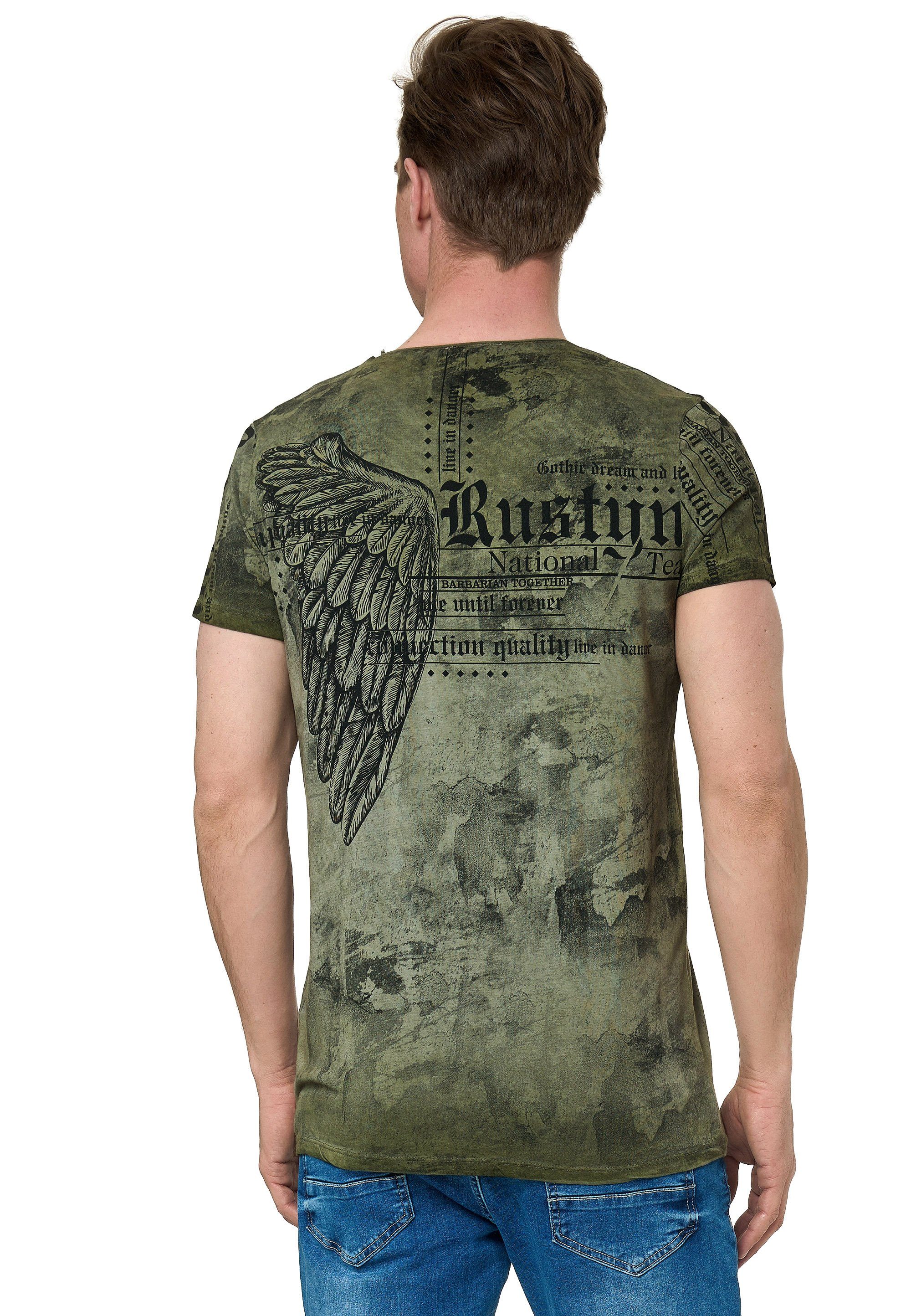 Rusty Neal Allover-Print mit khaki T-Shirt coolem