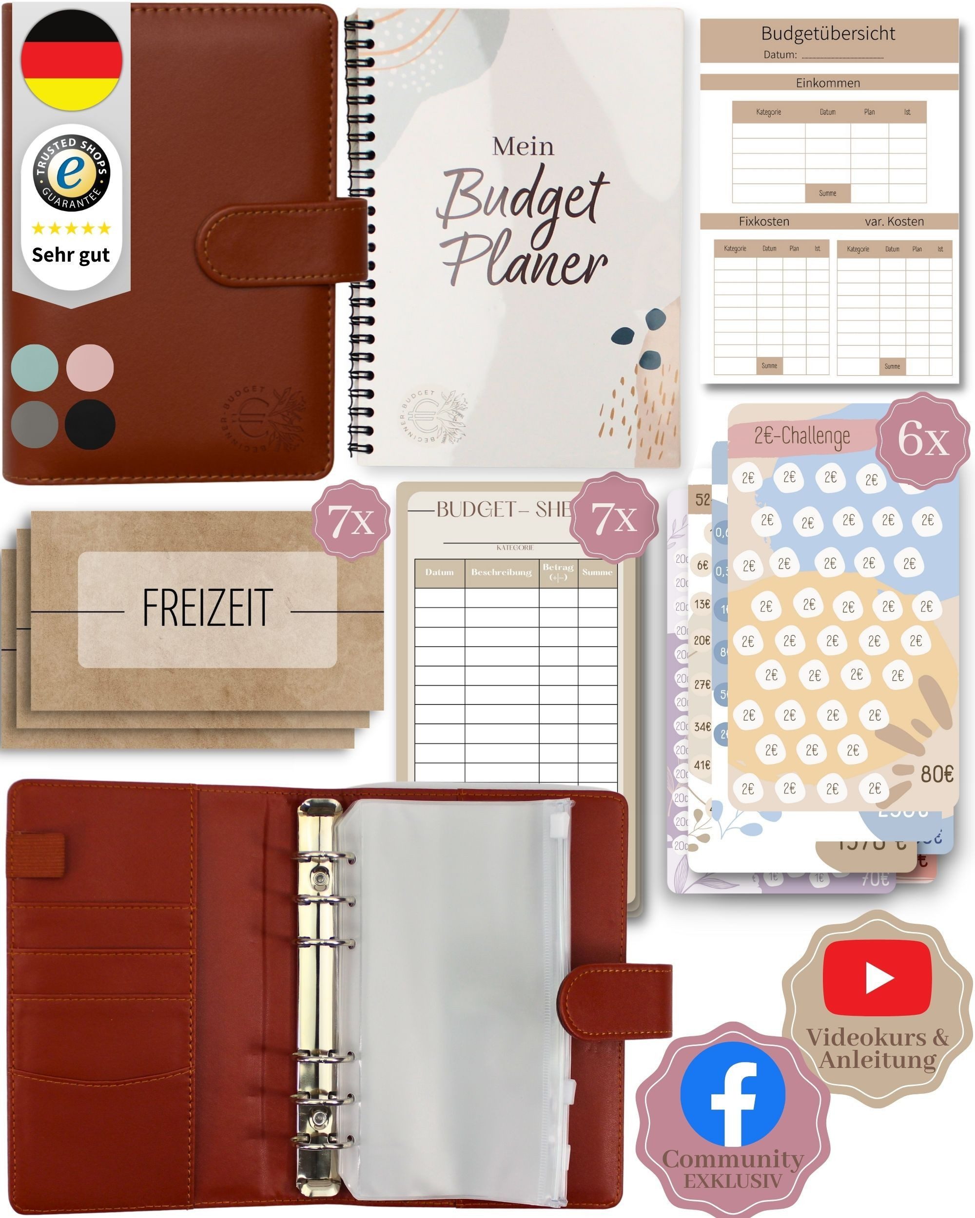 BeginnerBudget Ringbuchkalender Budget Planner & Haushaltsbuch Starter-Set: Sparbuch & Spar-Challenges, Sparen mit Umschlagmethode + Anleitung - Ringbuch - Binder A6