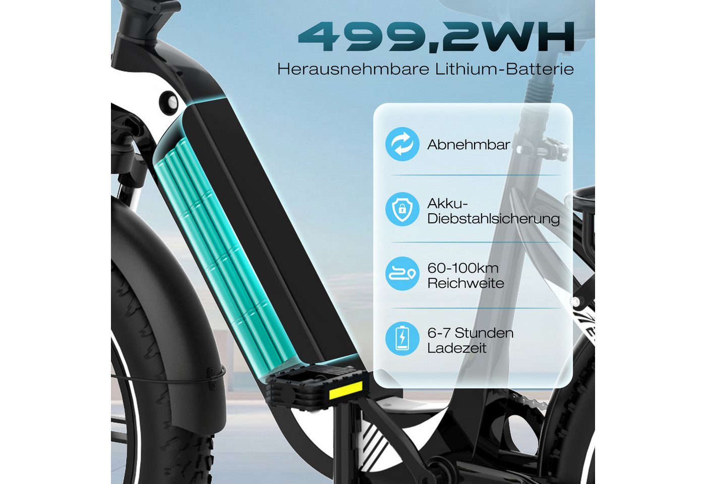 Thumbnail - ECORUSH E-Bike Klapprad 20*3,0 Zoll Elektrofahrrad bis zu 60-100km, 7 Gang shimano Schaltwerk, 250W Heckmotor, 499.2 Wh,...