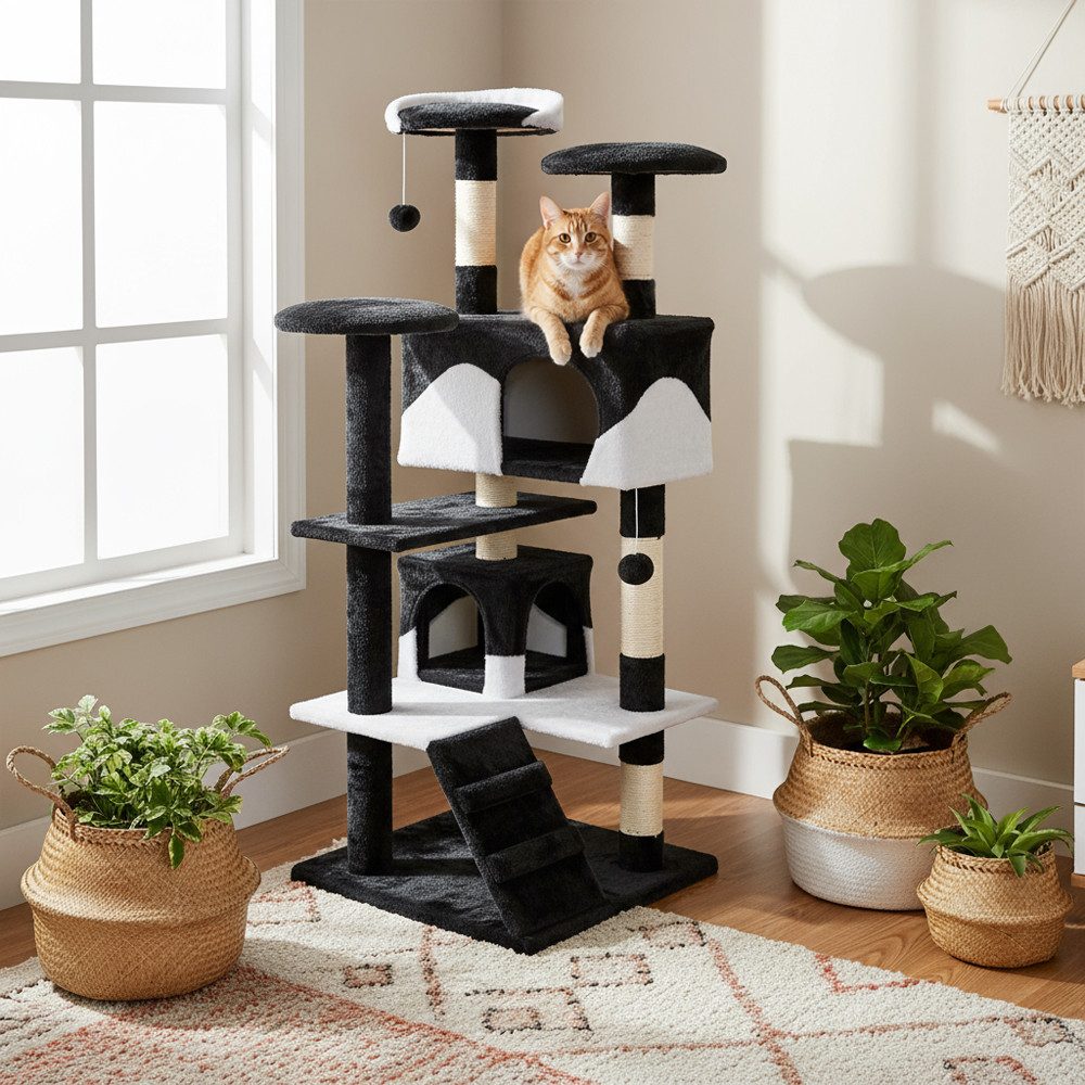 belviona Kratzbaum 130 cm mit Höhlen, Treppe & Spielbällen, schwarz/weiß, Robuster & stilvoller Katzenkratzbaum, ideal für Mehrkatzenhaltung