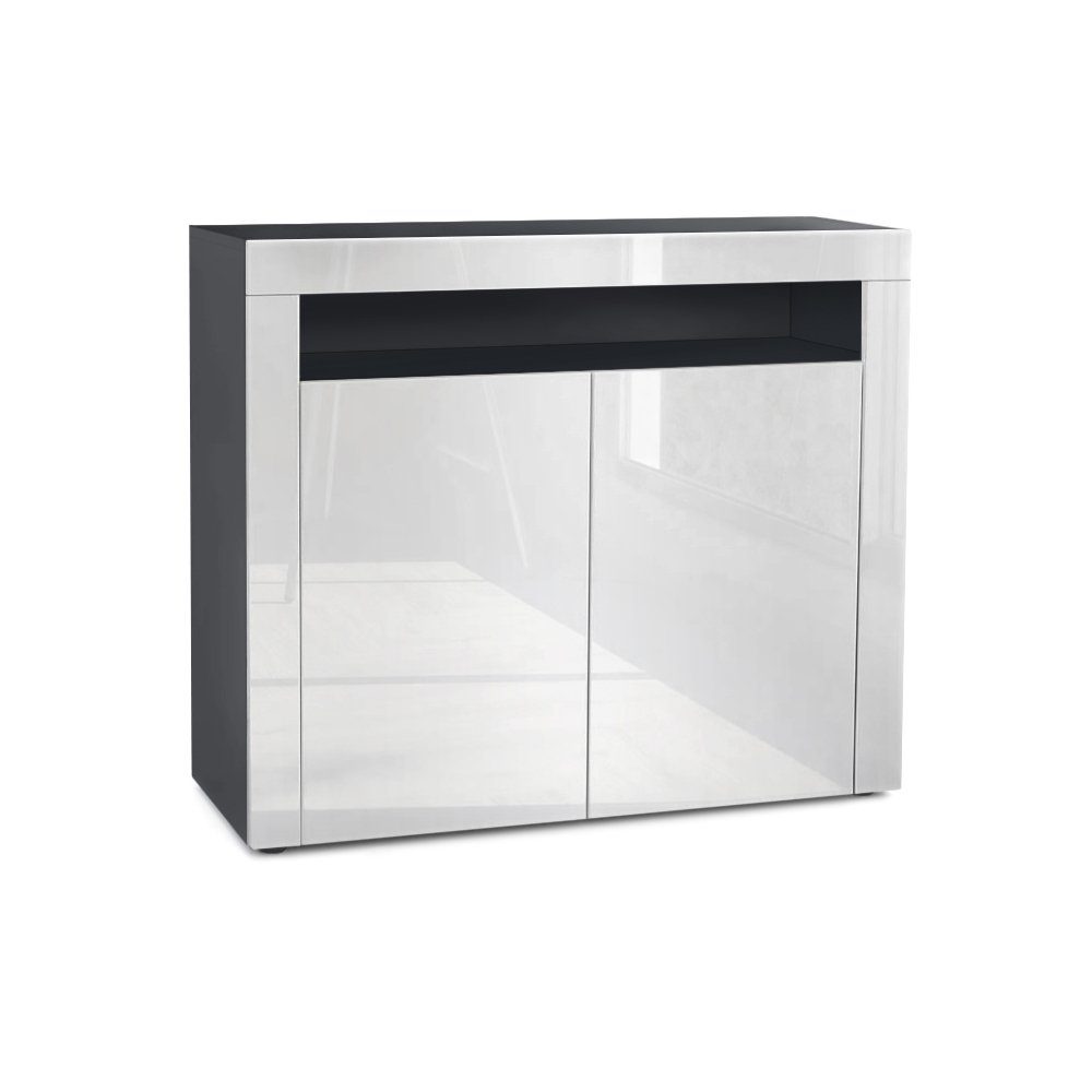 Vladon Kommode Valencia (Kommode, Sideboard mit 2 Türen und 1 offenem Fach), Schwarz matt/Weiß Hochglanz/Weiß Hochglanz (108 x 92 x 40 cm)