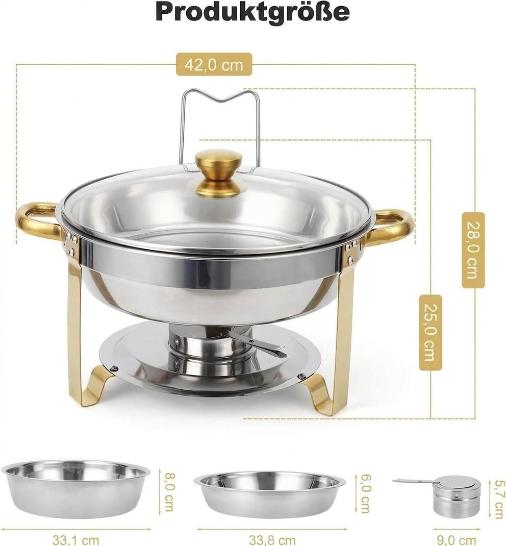 GarveeMore Speisenwärmer 5L runde Edelstahl-Chafing-Dishes und Warmhaltebehälter, (2-tlg), mit Deckelhalter und Glasdeckel für Catering,Partys,Abendessen