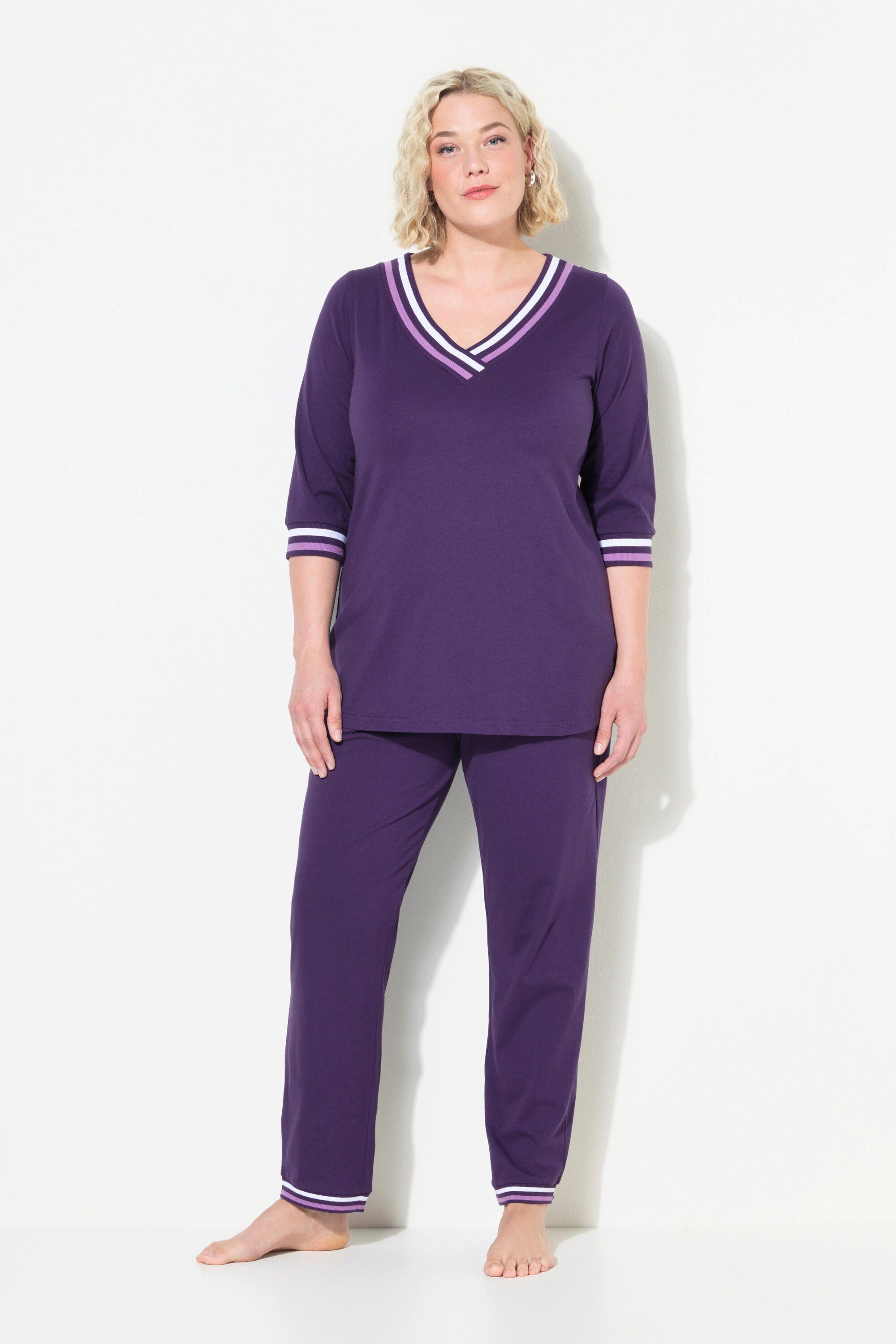 Ulla Popken Pyjama Pyjama Streifendetails V-Ausschnitt 3/4-Arm günstig online kaufen
