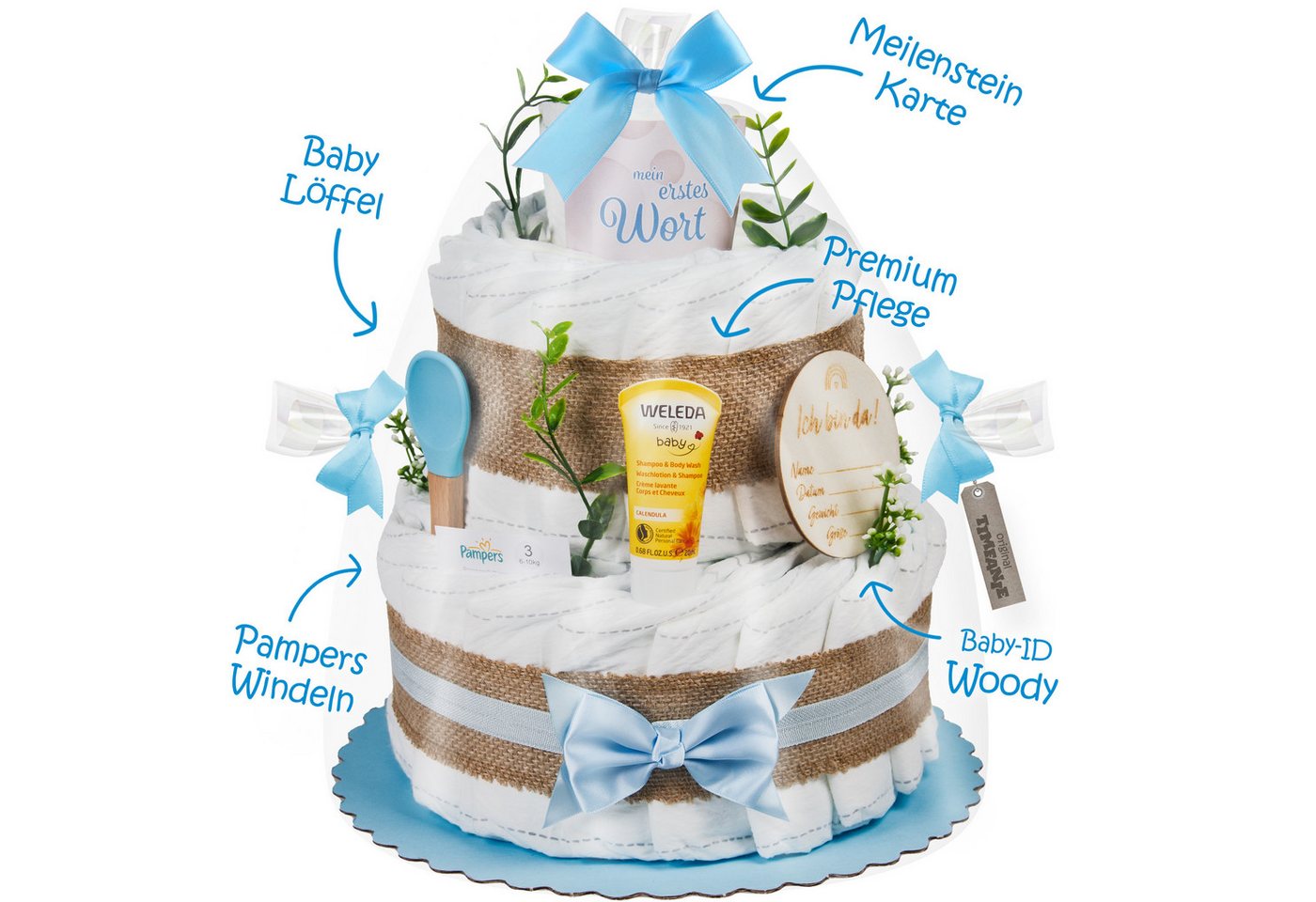 Timfanie Windeln & Wow, Windeltorte Boho Baby-Cake, blau, 0-5 Monate (37-St., /Set: Premium Pampers + Kuscheltier + wertige Accessoires), Geschenk zur Geburt & Babyparty