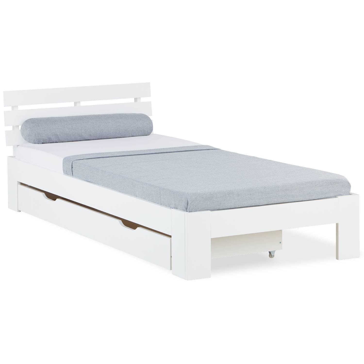 Homestyle4u Holzbett Einzelbett 90x200 mit Bettkasten Lattenrost Weiß | Jugendbetten