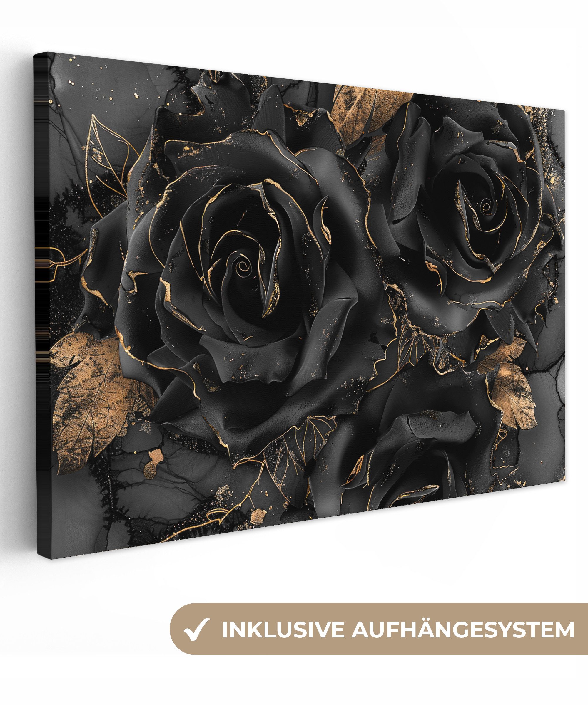Leinwandbild Rosen - Schwarz - Blumen - Gold