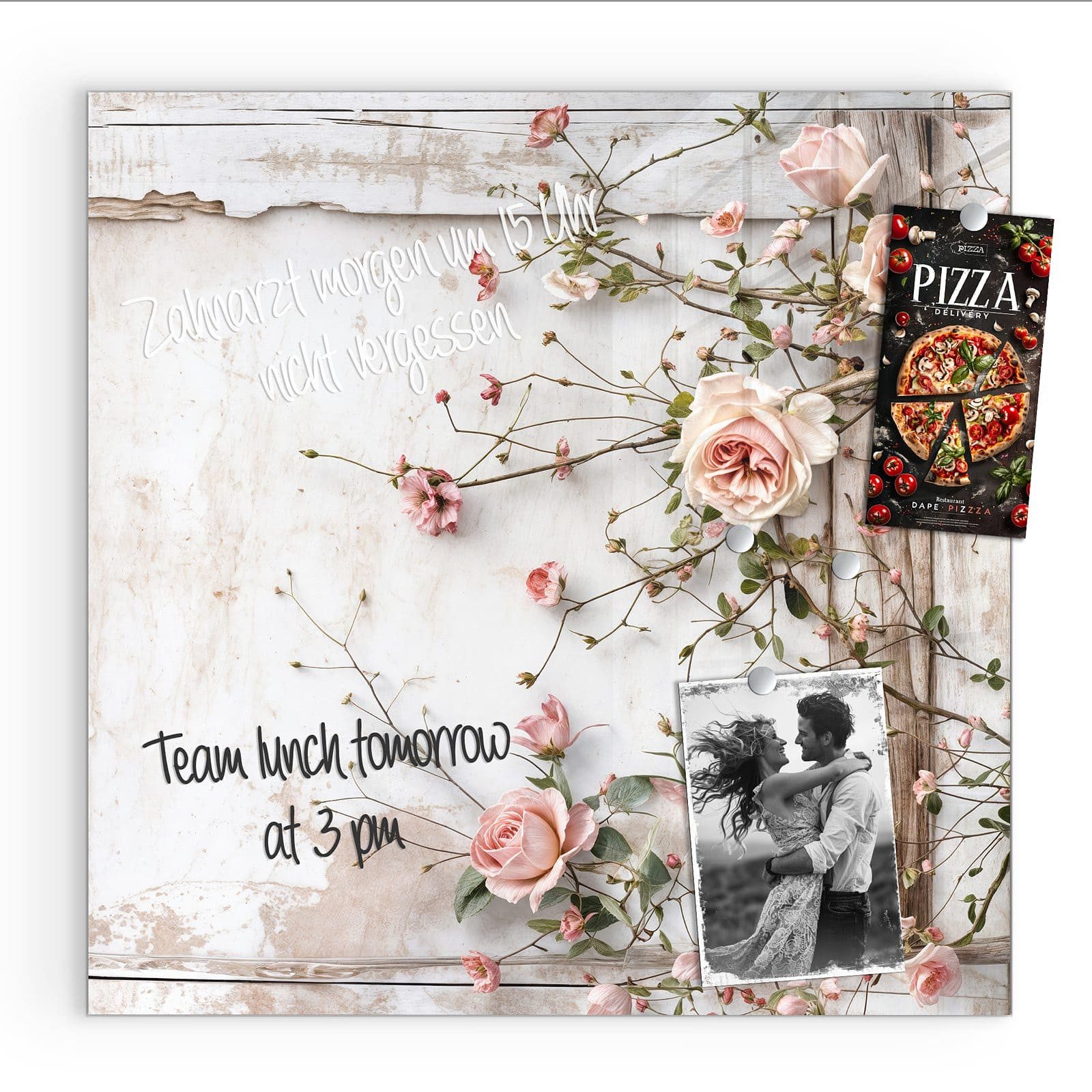 Primedeco Magnettafel Glas Rosenblüten Eleganz Pinnwand Whiteboard beschreibbar, (Inklusive Stift, Magnete und Montagematerial, 1-tlg., 9 verschiedene Größen), Magnetisch und Beschreibbar