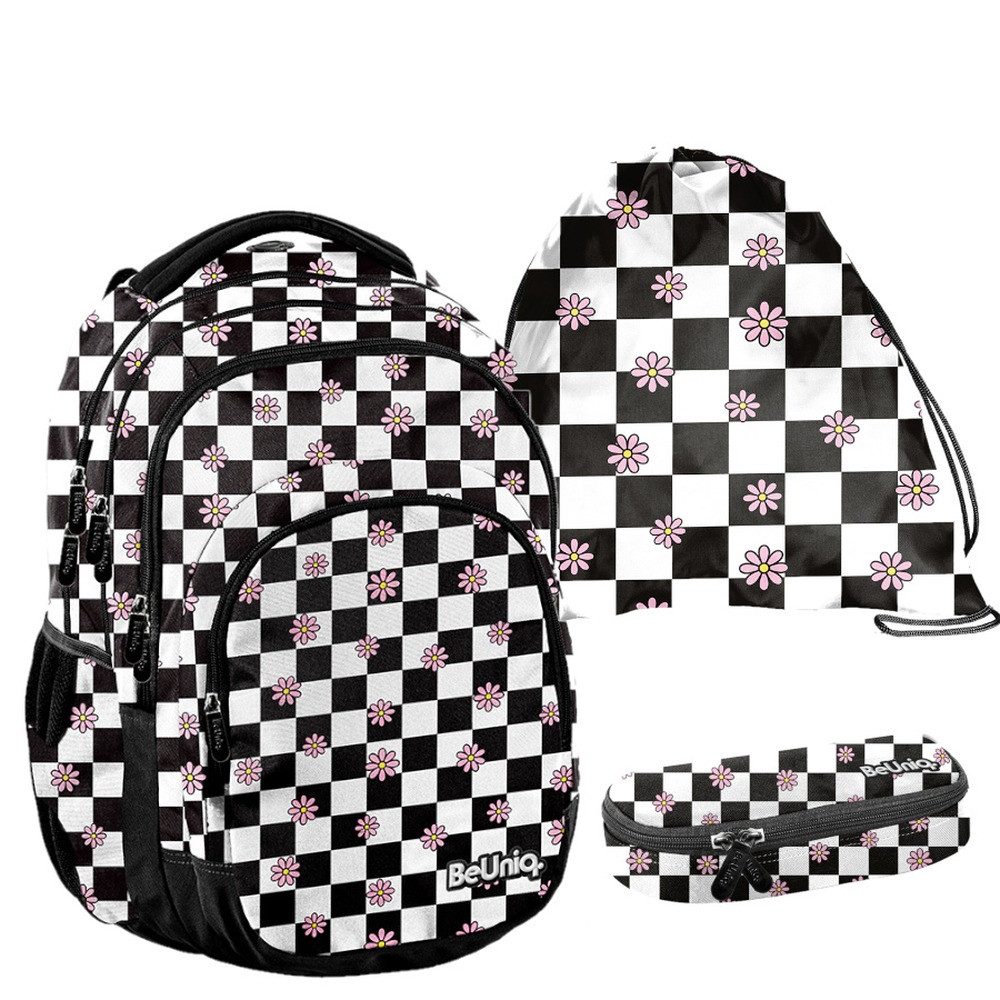 PASO Schulrucksack (Schulset, 3-tlg), Gitter Schulset 3-teilig – Schwarz, Weiß