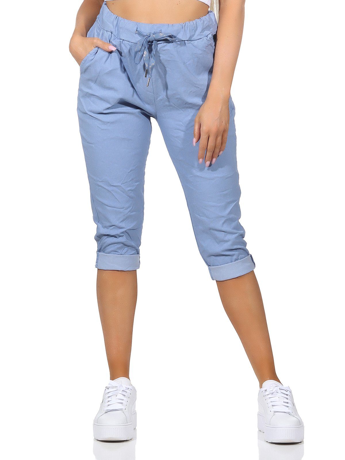 Taschen Hose Kordelzug, in Damenmode sommerlichen Bermuda Capri und Damen Farben, 7/8-Hose Sommerhose Aurela Kurze 36-44 Jeans