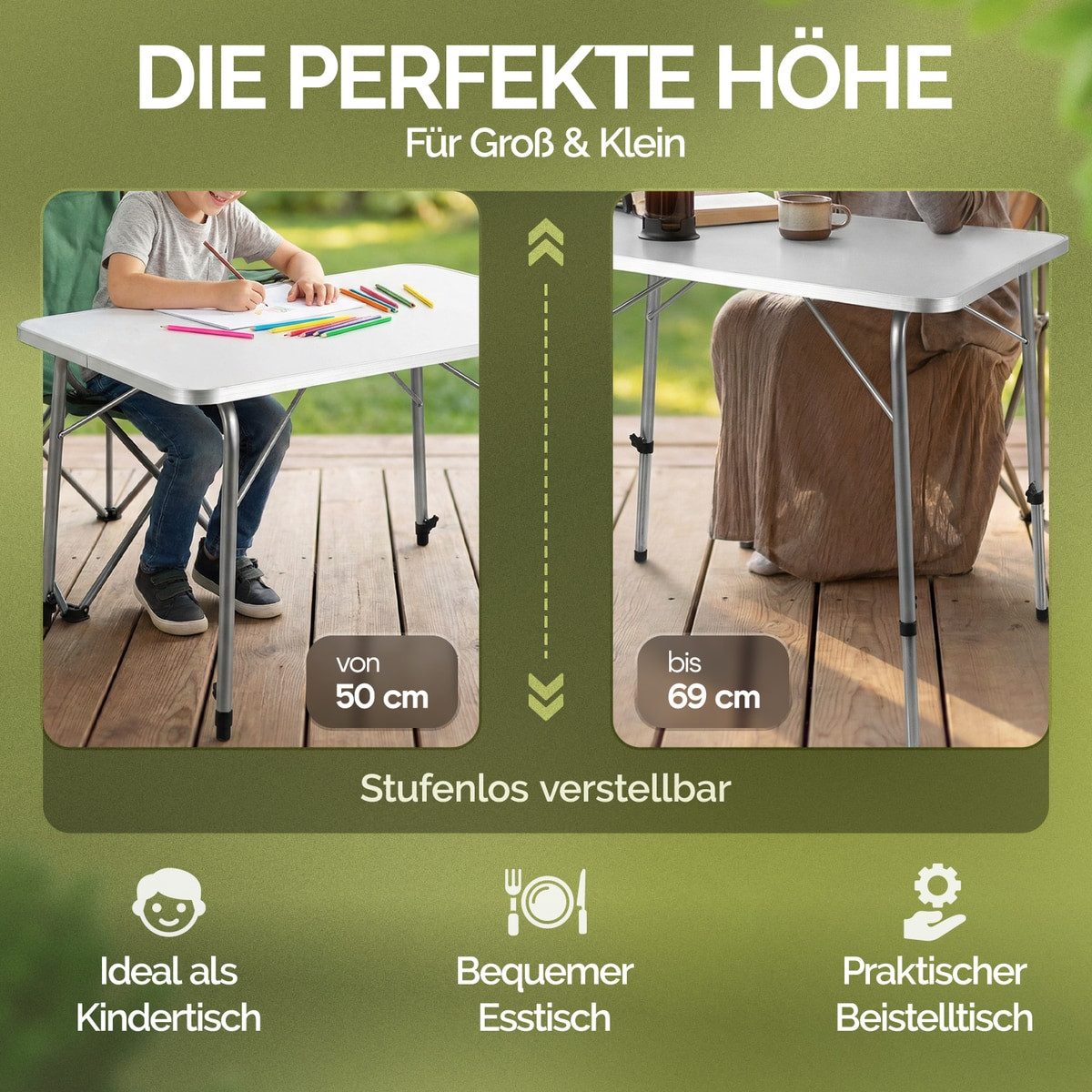 Casaria Campingtisch (1-St), Klappbar Höhenverstellbar 80x55cm Camping Klapptisch Faltbar Leicht