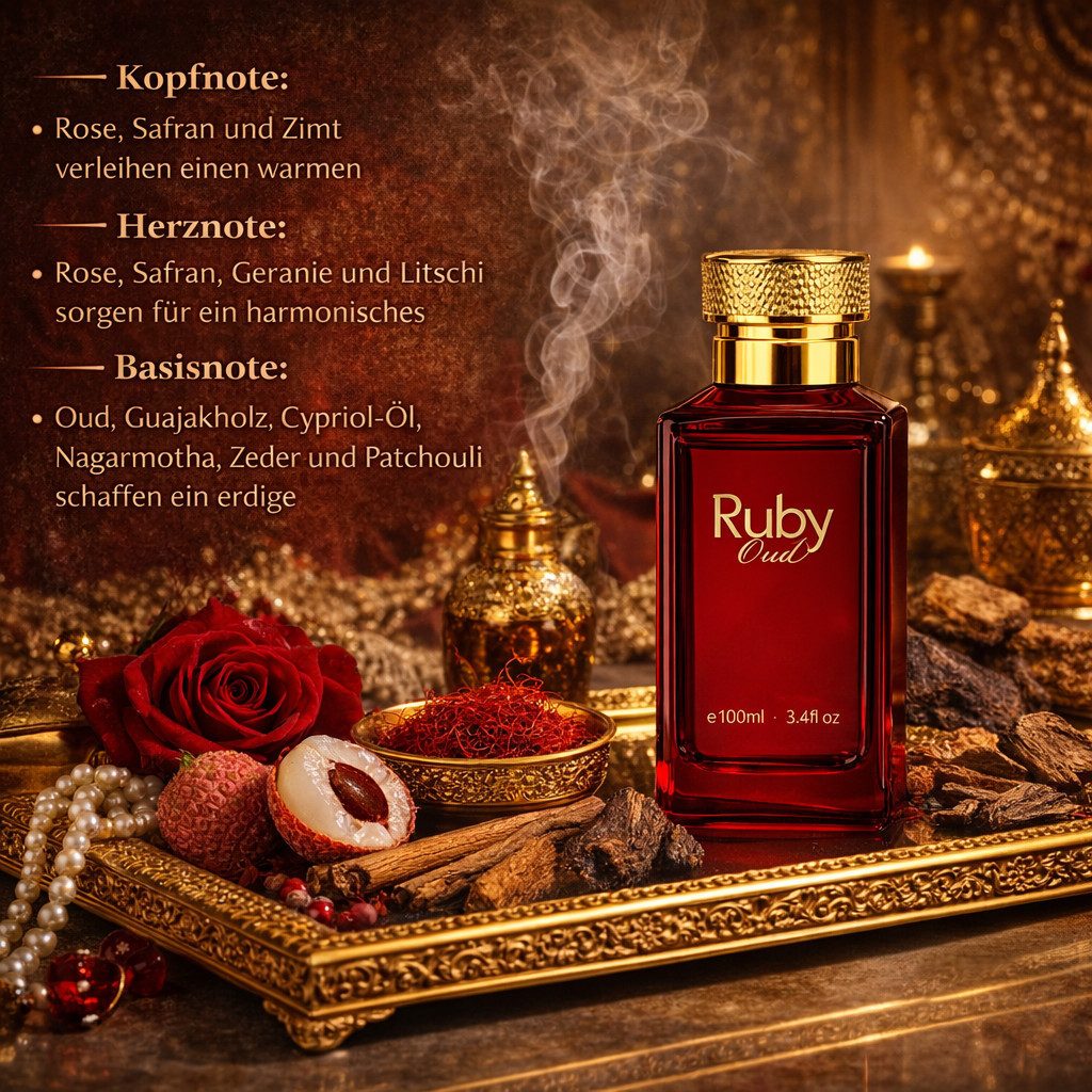 Attar & Co London Eau de Parfum Ruby Oud Classic & Intense Unisex, Rose, Safran, Geranie 100 ml, 1-tlg., Hergestellt in England, Exotisch Floriental, Süß Würzig Elegant
