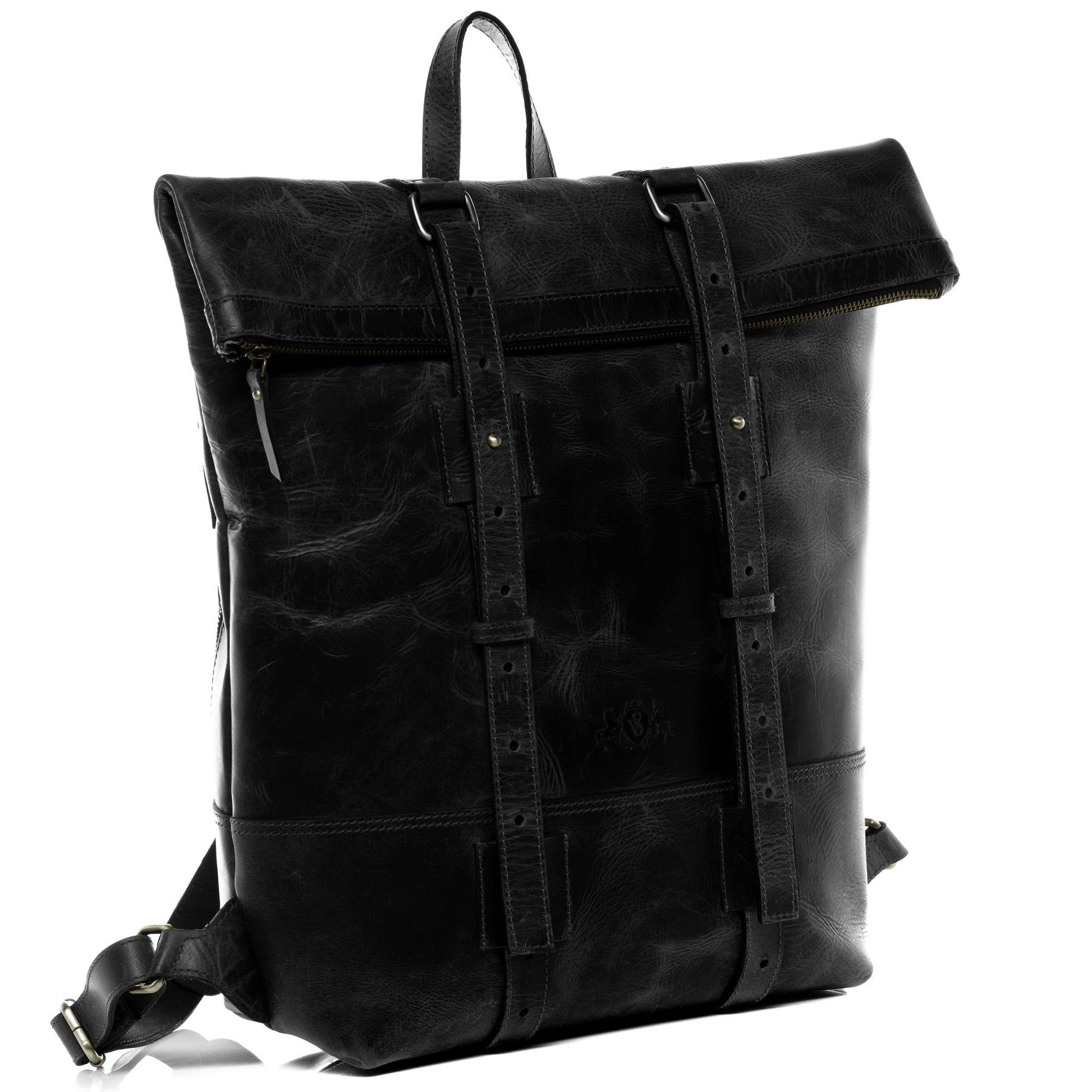 SID & VAIN Rucksack Leder Backpack Herren CHAZ, Cityrucksack 15,4 Zoll Echtleder Damen Herren Vintage-schwarz schwarz-vintage