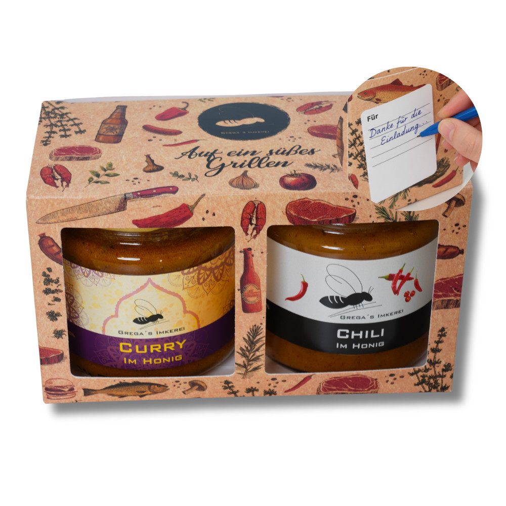 Grega´s Imkerei Grillsauce Honigsüße 2er Geschenk Box mit Grillhonigspezialitäten, 2 x 250 g, (deiner Wahl, perfektes Mitbringsel / Geschenk zur Grillparty oder Gartenparty), Direkt vom Imker