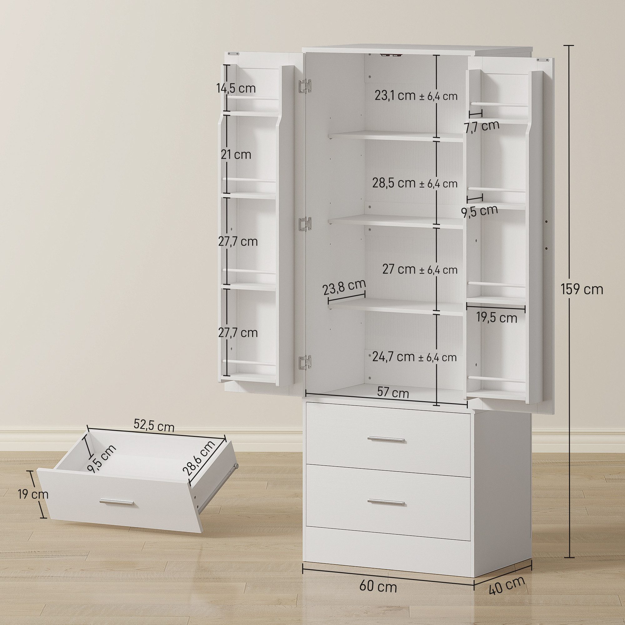 HOMCOM Küchenbuffet Küchenschrank mit 2 Türen und 8 Türregalen, Vorratsschrank (Hochschrank, 1-St., Buffetschrank) für Küche, Esszimmer, Weiß