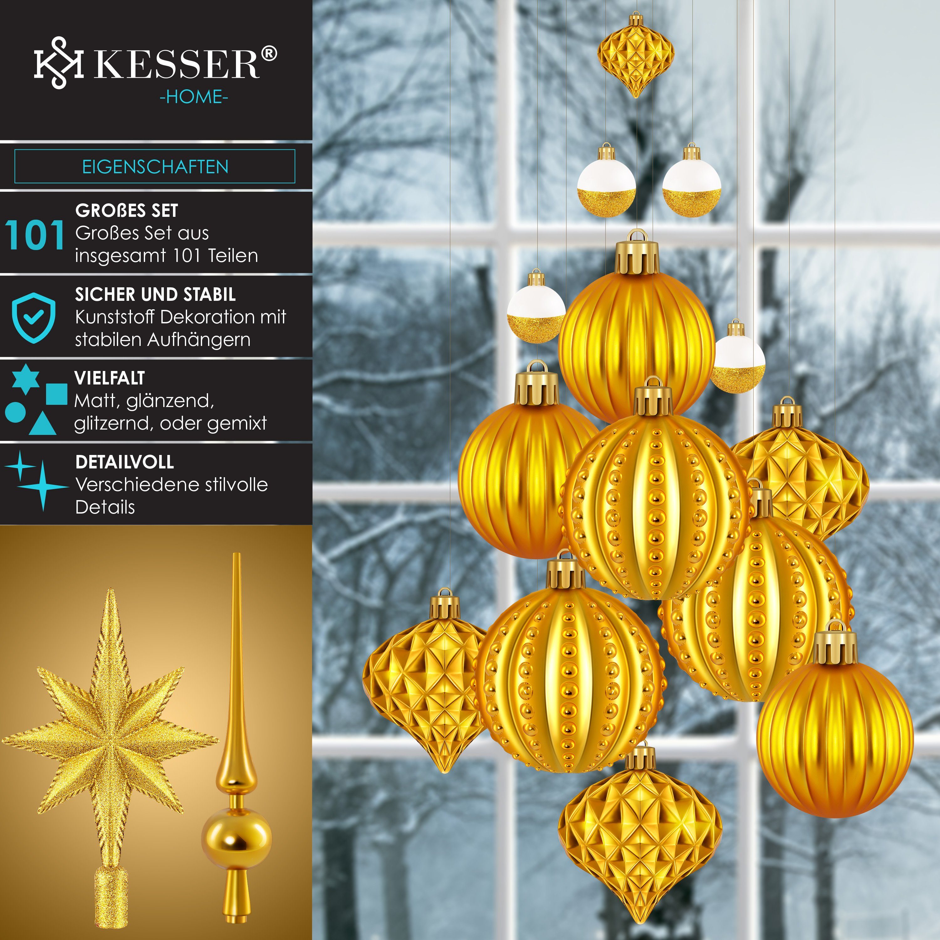 KESSER Christbaumschmuck Set (101-tlg), 101-teiliges Baumspitze Weihnachtskugeln Christbaumk gold