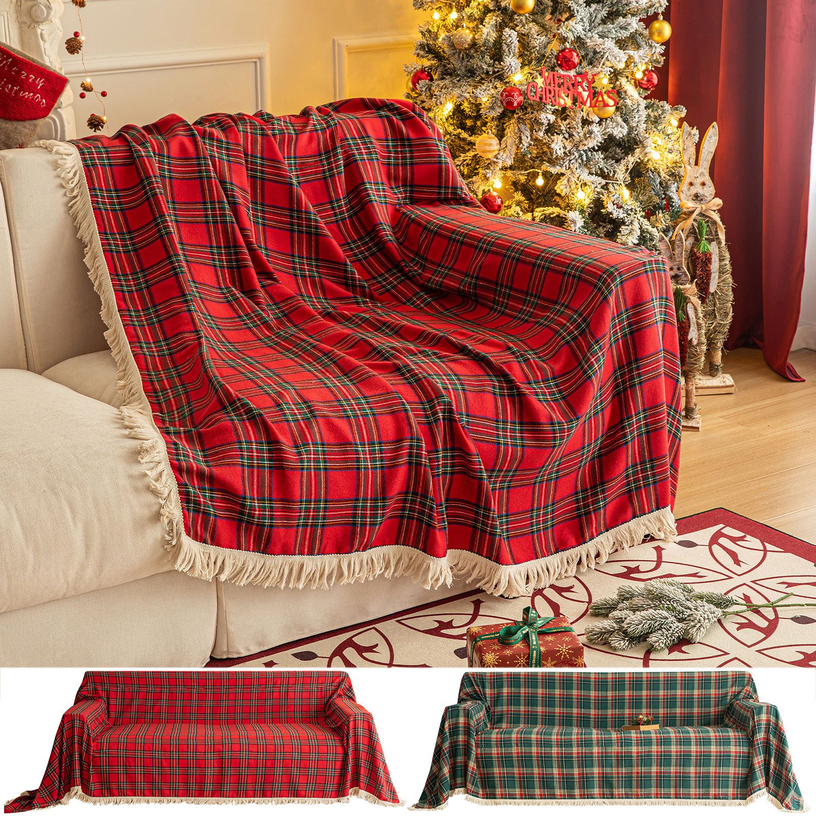 Sunicol Sofabezug Plaid Sofa Überwurfdecke mit Quasten, Schutzhülle für Weihnachten Deko, Vielseitige Couch Überwurf für Sofa, Kuscheldecke, große Tagesdecke, Bezug fürs Sofa